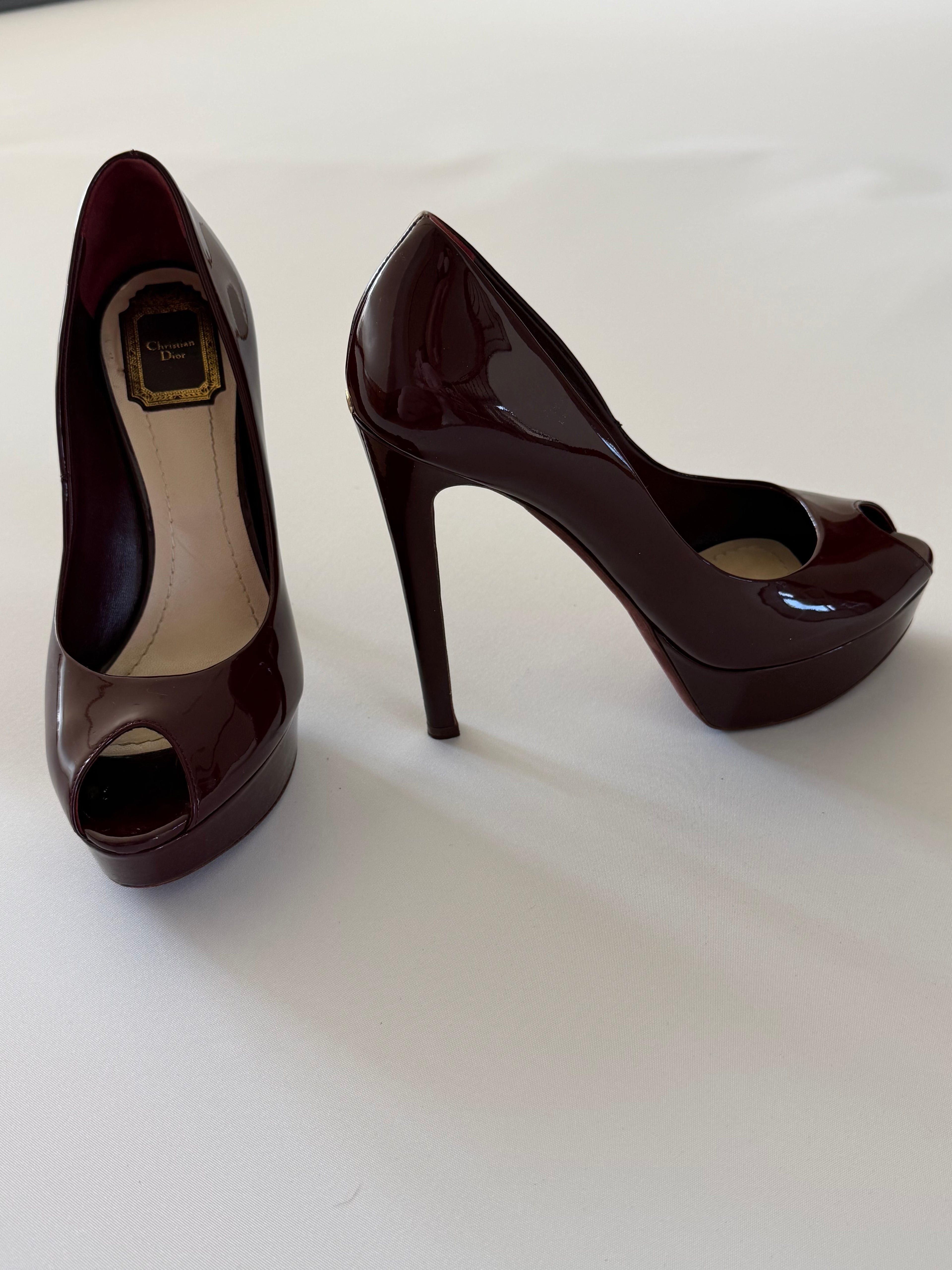 Christian Dior Burgundy Patent Leather Peep Toe Platform Pumps CD Heel Size 39