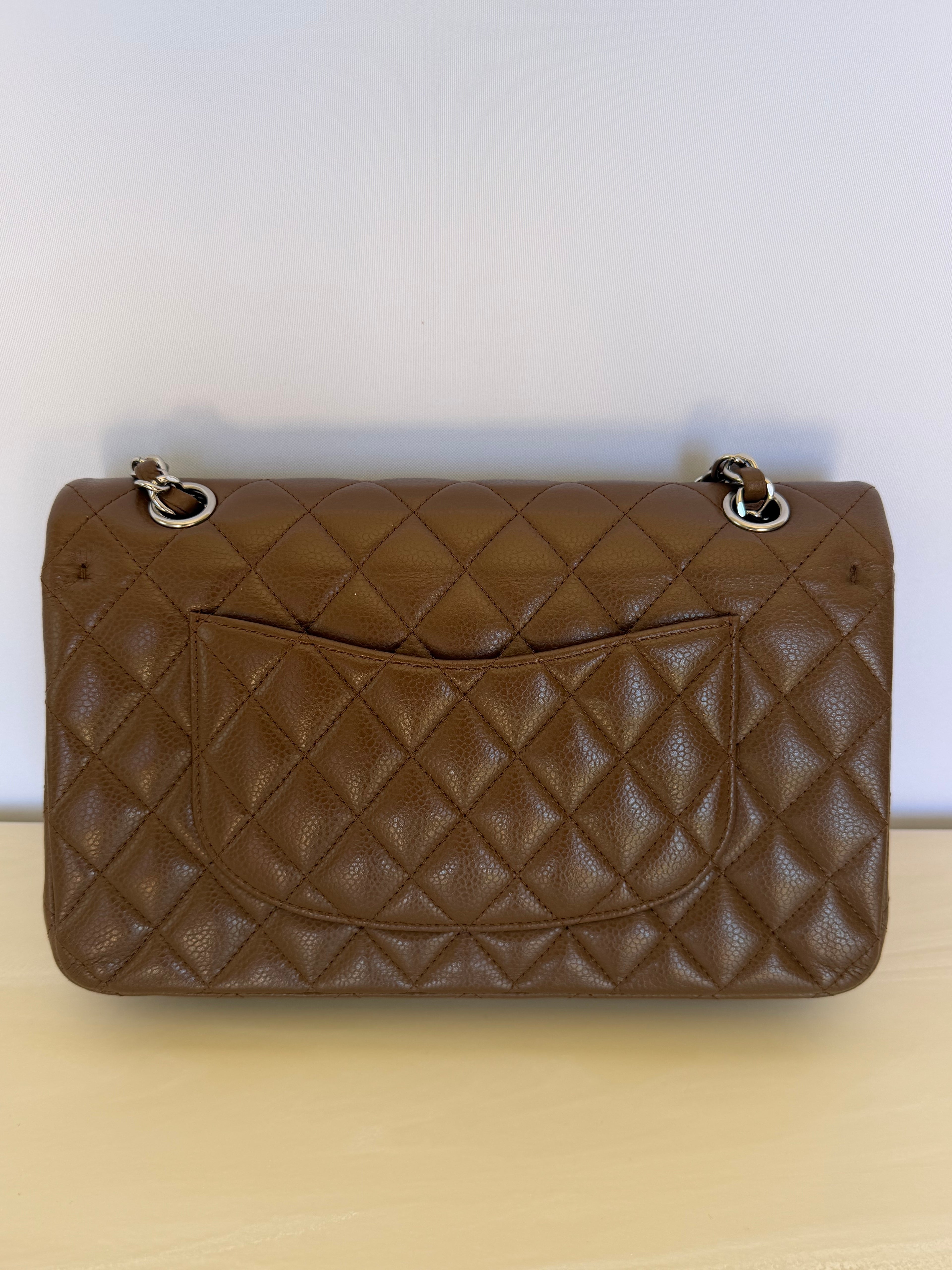 Chanel Classic Medium Double Flap Bag in Brown Caviar Leather with Silver Hardware