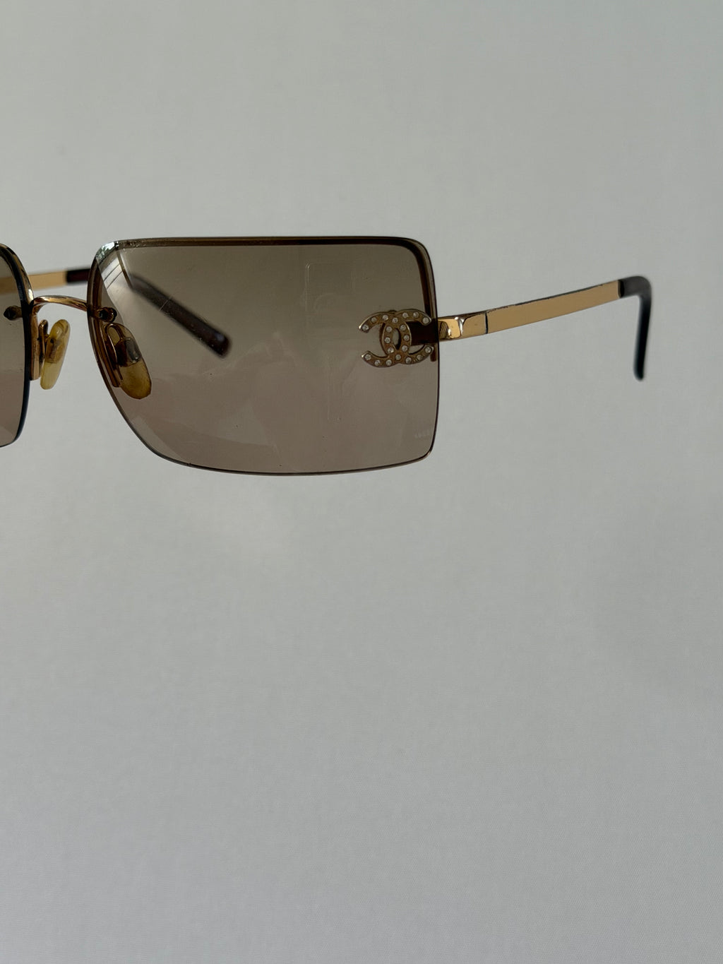 Chanel Rimless CC Logo Sunglasses – Vintage Brown Gradient Square Lens Gold Frame with Crystal Double CC