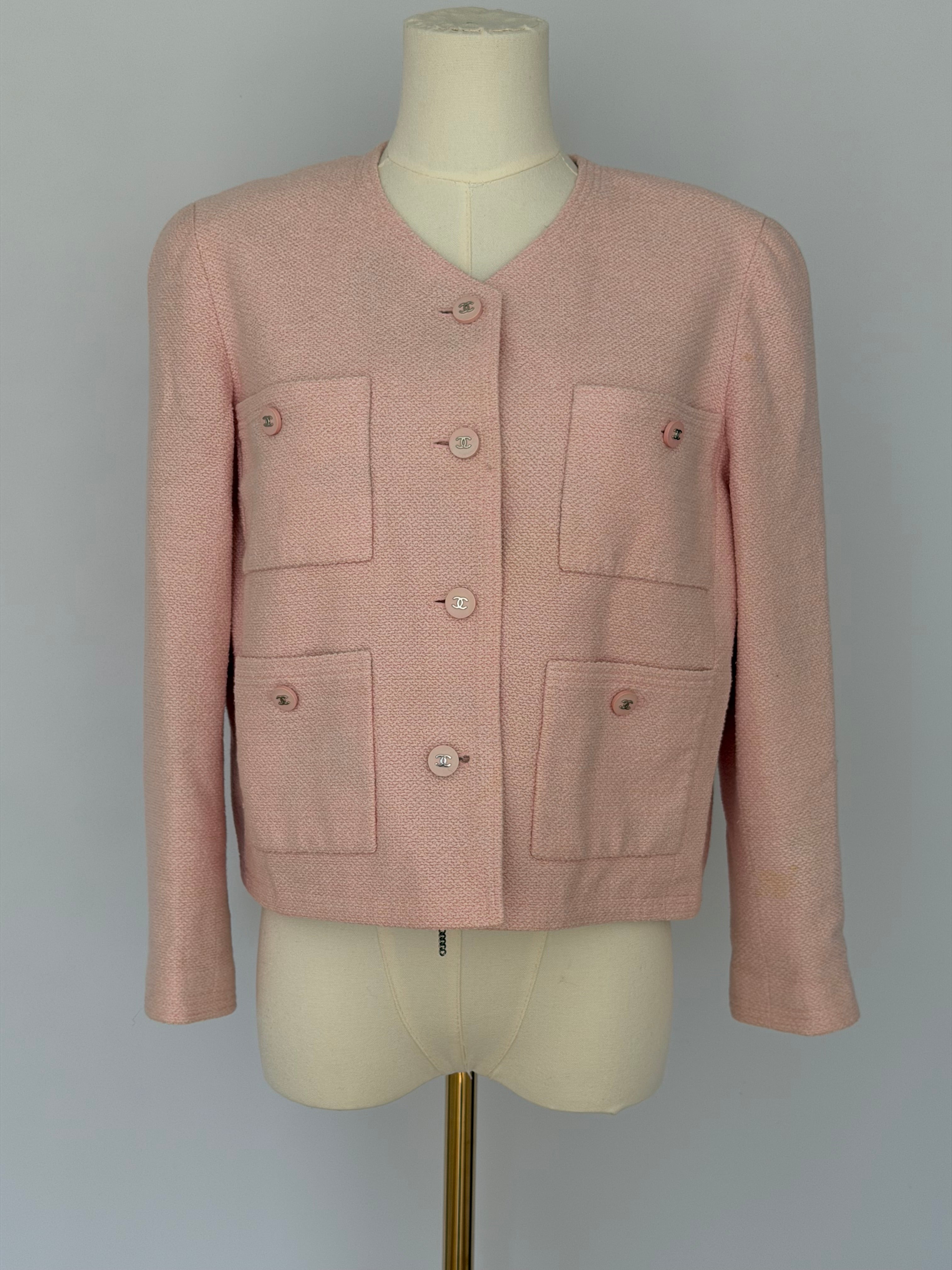 Chanel Pink Tweed Cropped Jacket CC Button Cardigan Blazer | Vintage Chanel Boutique Jacket