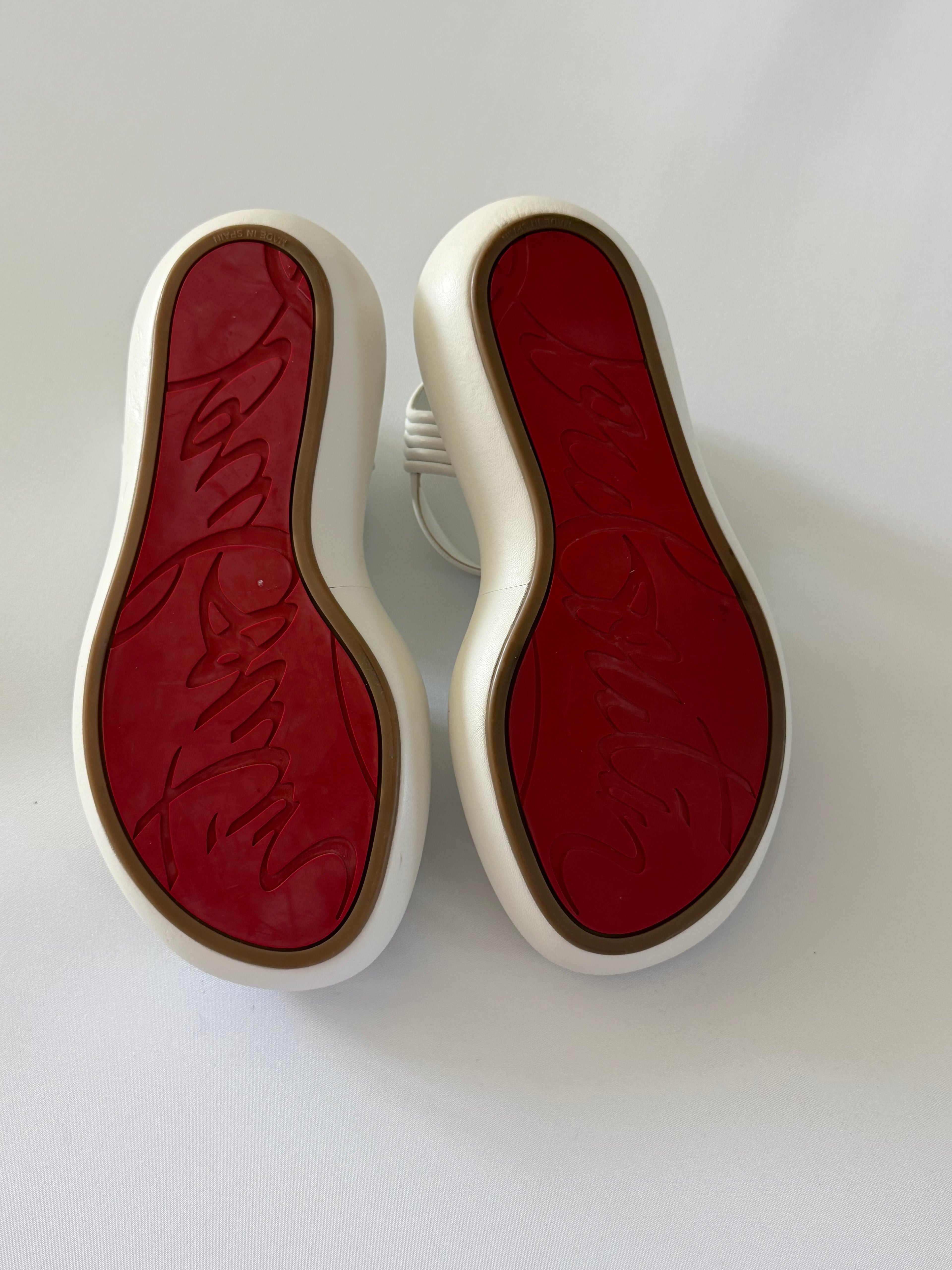 Christian Louboutin White Leather Flat Sandals Ankle Strap Red Sole Size 38