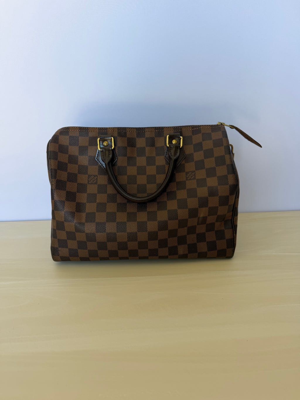 Louis Vuitton Damier Ebene Speedy 30 Handbag – Brown Checkered Canvas Satchel with Red Interior