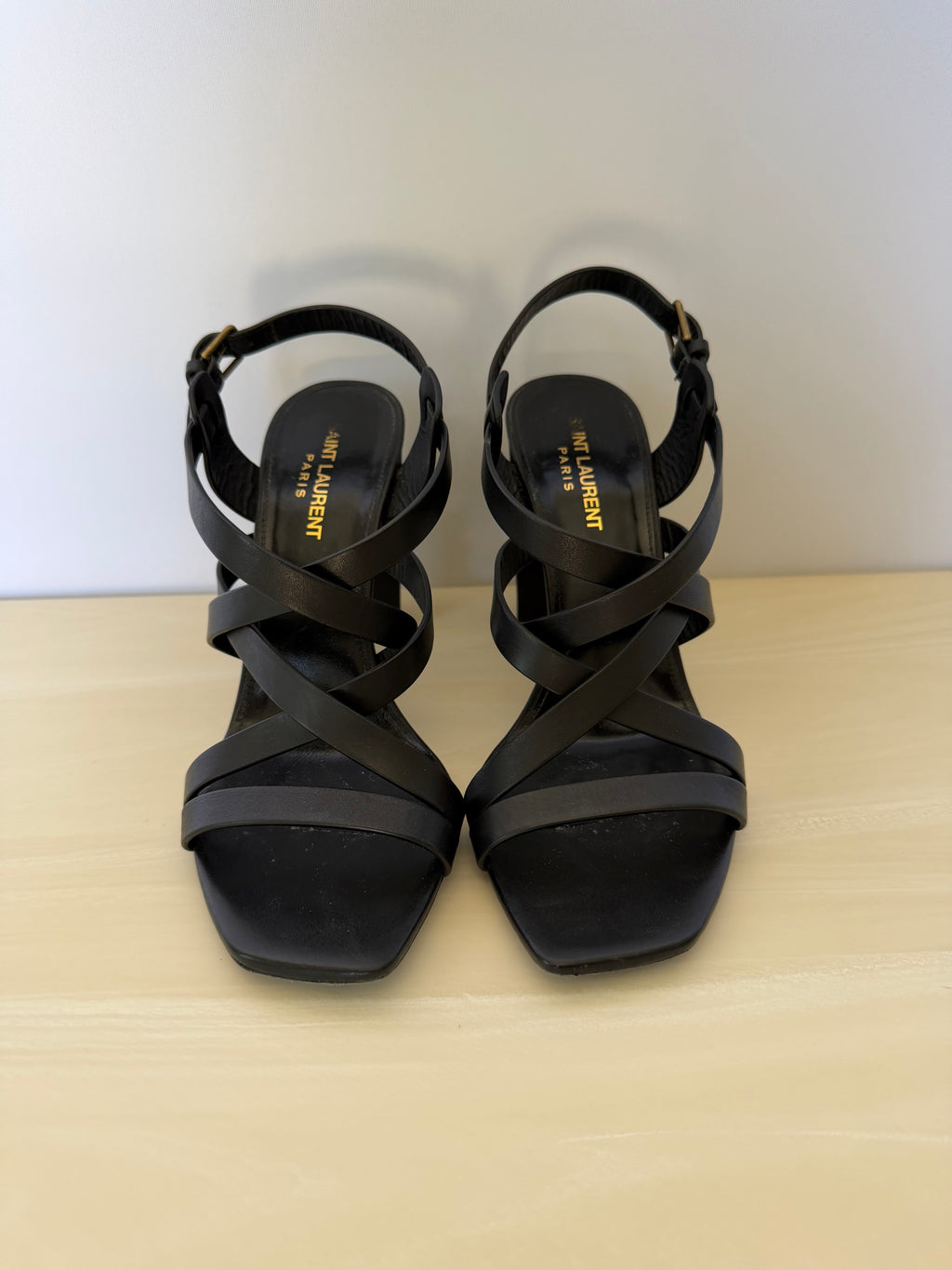 Saint Laurent Paris Black Leather Strappy Block Heel Sandals | Minimalist YSL Heels Size 38.5