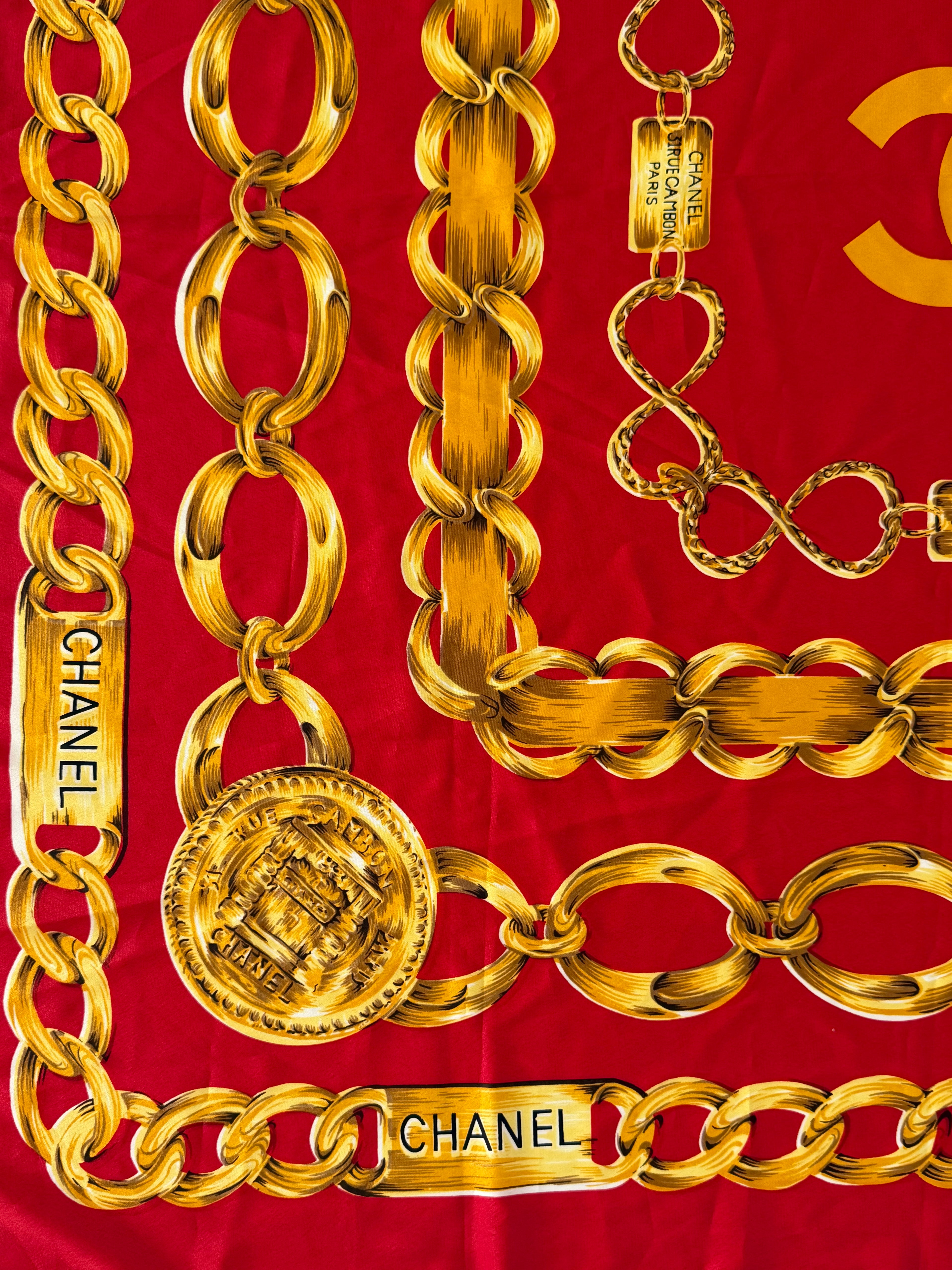 Chanel Red Silk Chain Print Scarf CC Logo Gold Chain Rue Cambon Paris 100% Silk Made in France