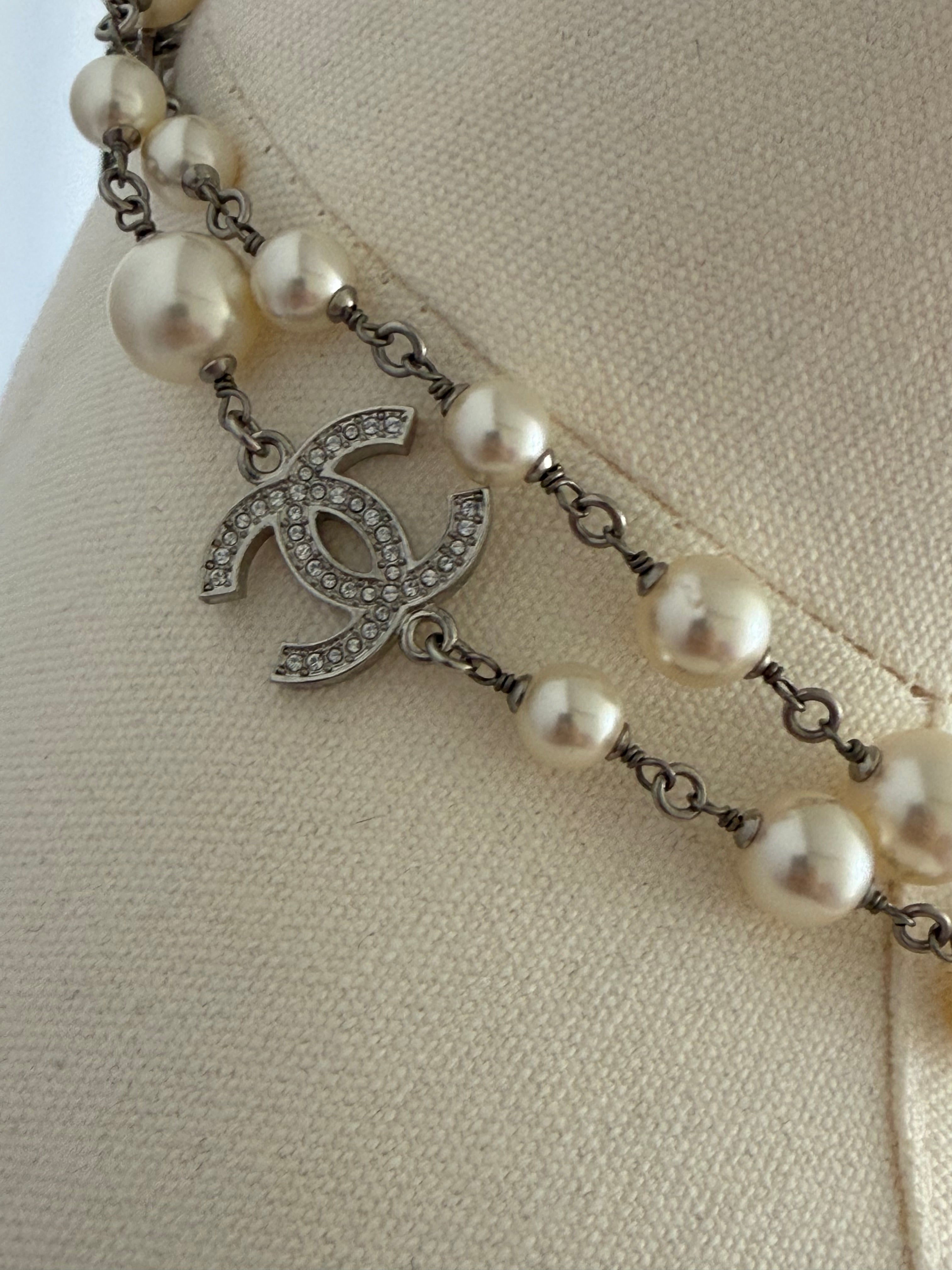 Chanel CC Faux Pearl Long Necklace Silver Crystal Logo Station Chain Classic