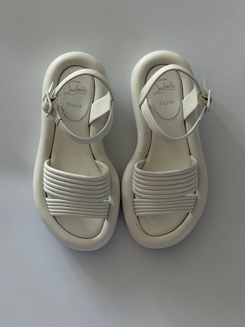 Christian Louboutin White Leather Flat Sandals Ankle Strap Red Sole Size 38