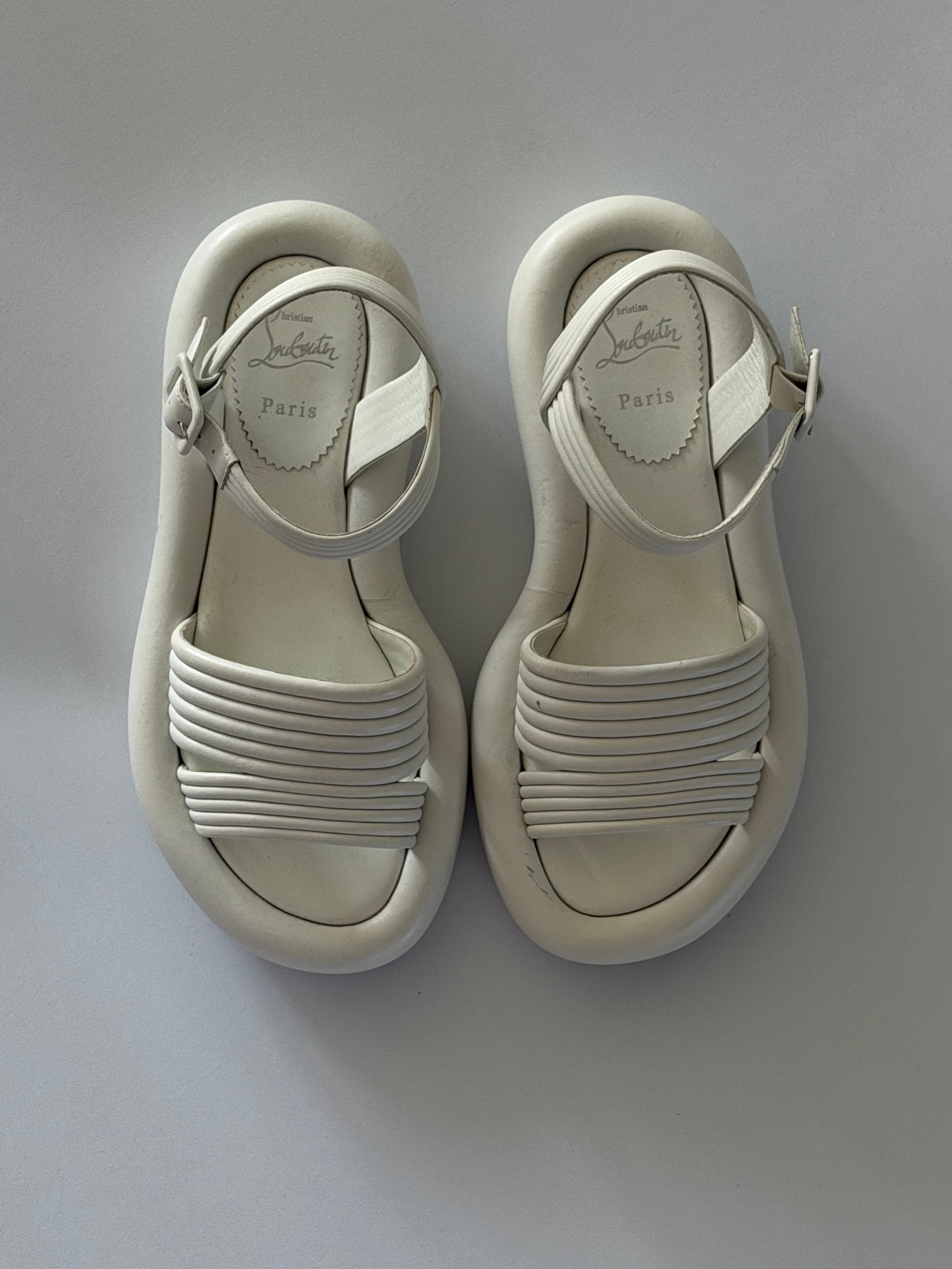 Christian Louboutin White Leather Flat Sandals Ankle Strap Red Sole Size 38