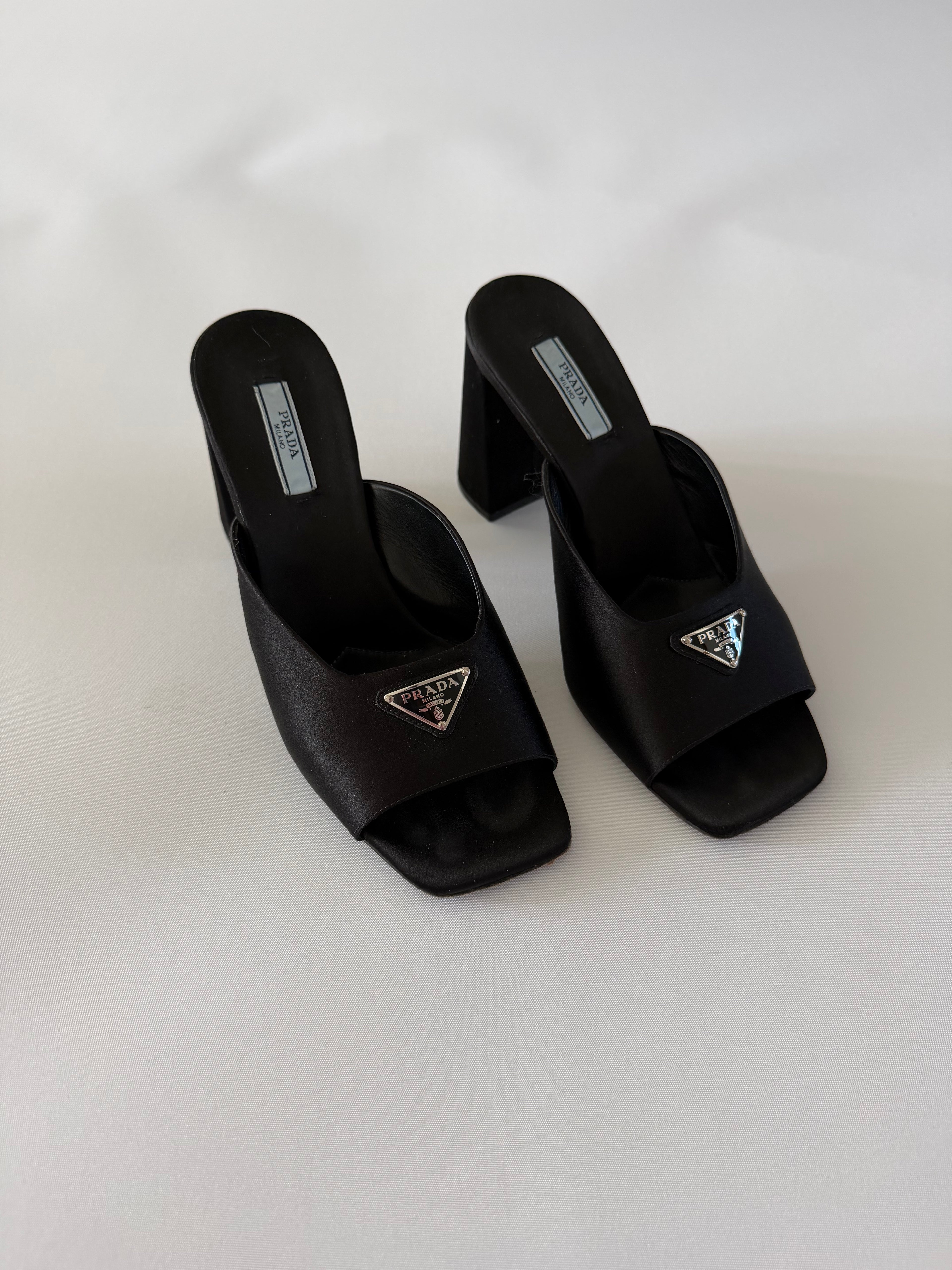 Prada Black Leather Logo Mule Heels – Vintage Prada Milano Triangle Plaque Slides, Square Toe Block Heel Sandals Sz 39