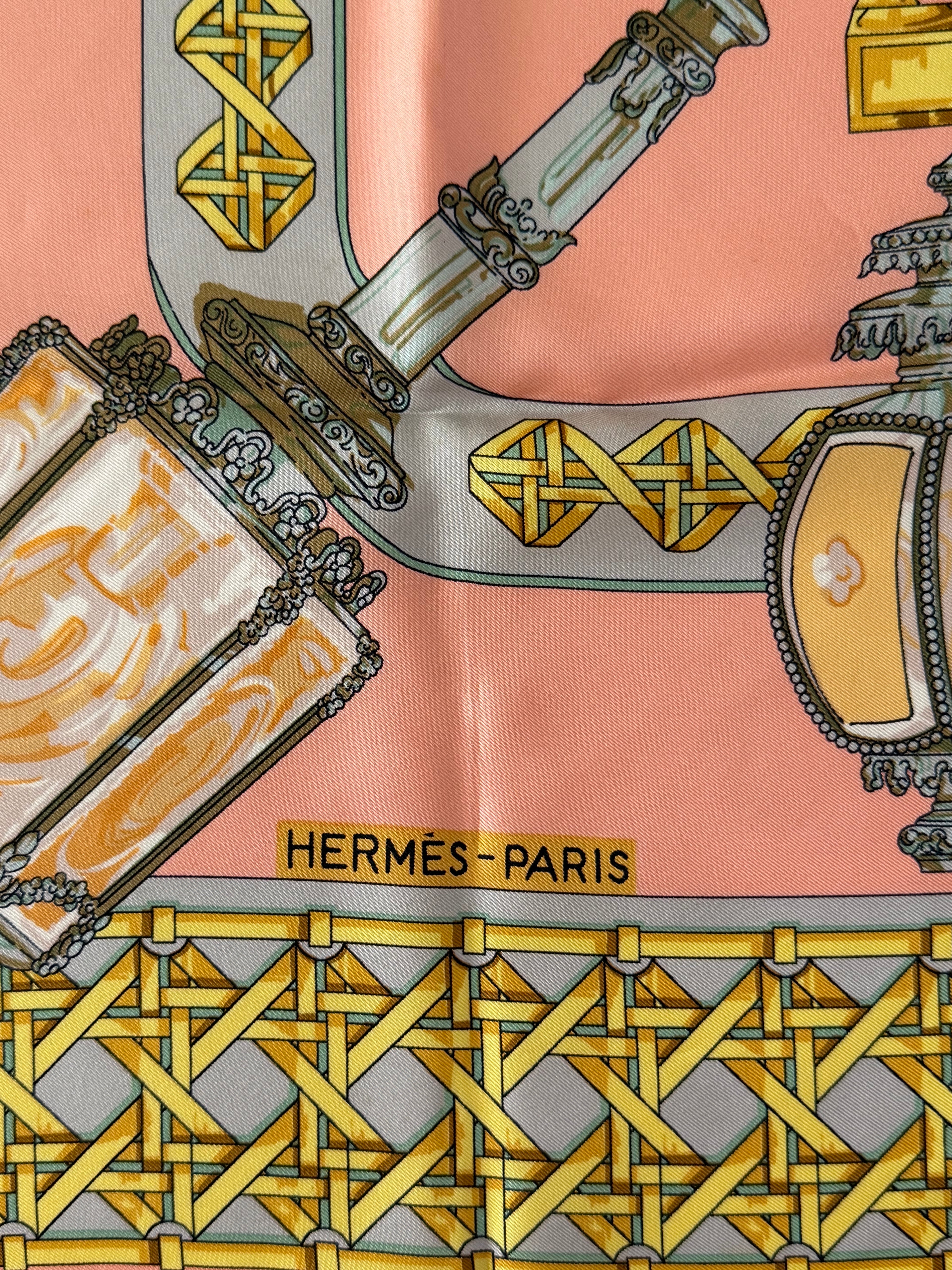 Hermès “Feux de Route” Silk Scarf 90cm Peach Gold Lantern Print Vintage Hermes Paris 100% Silk Made in France