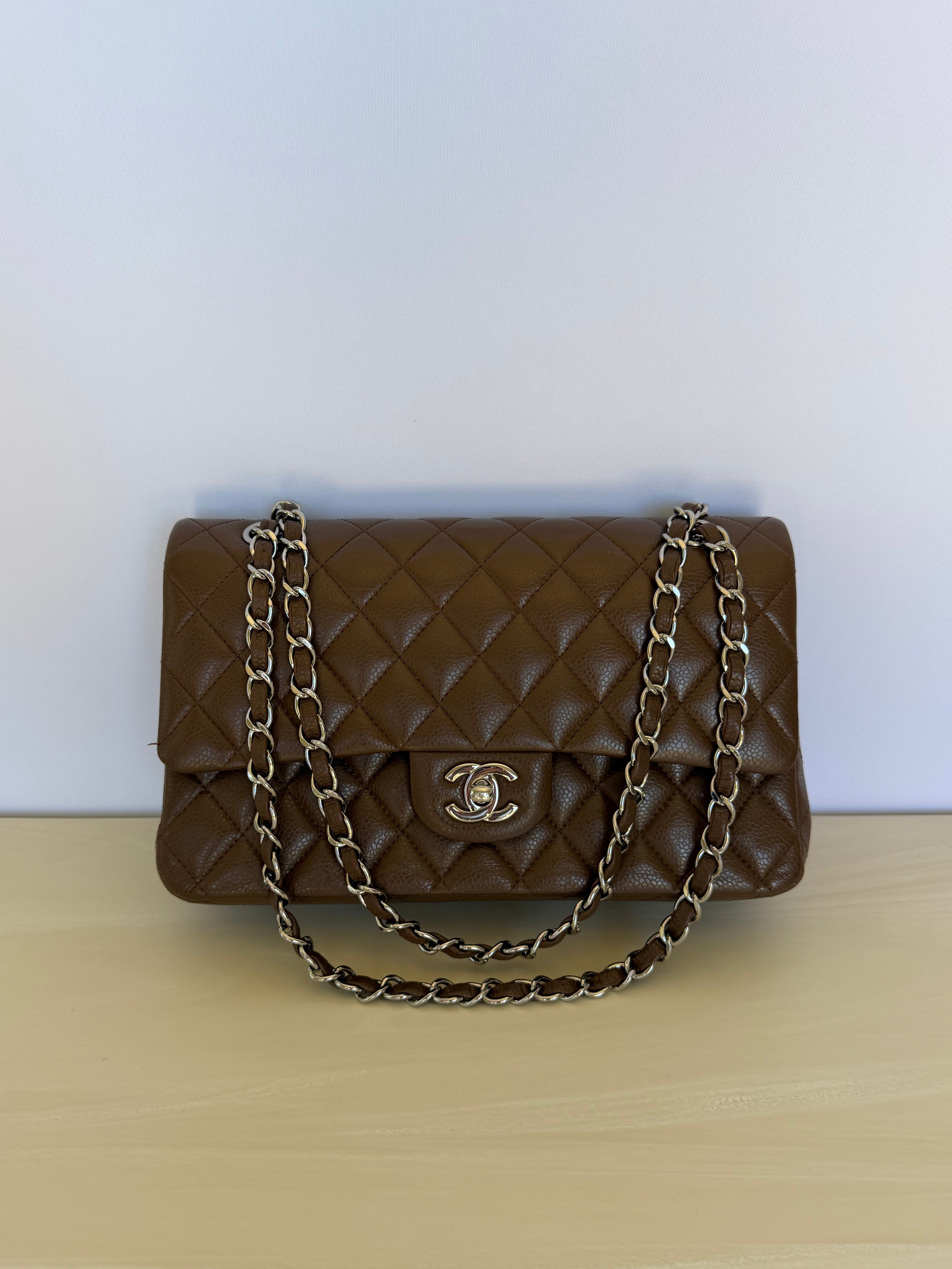 Chanel Classic Medium Double Flap Bag in Brown Caviar Leather with Silver Hardware