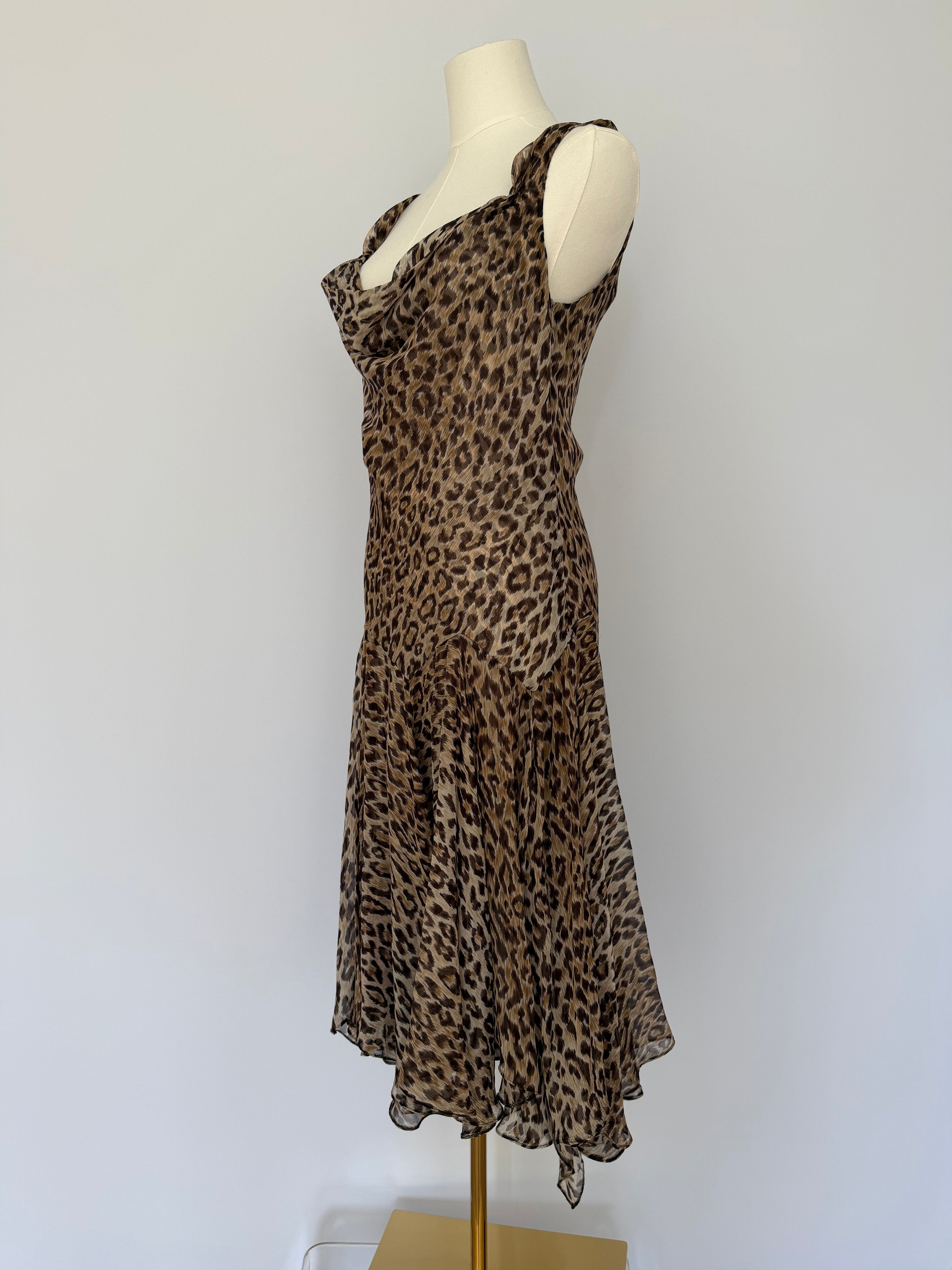 Dolce & Gabbana Leopard Print Silk Chiffon Slip Dress | Vintage Y2K Bias Cut Cowl Neck Midi