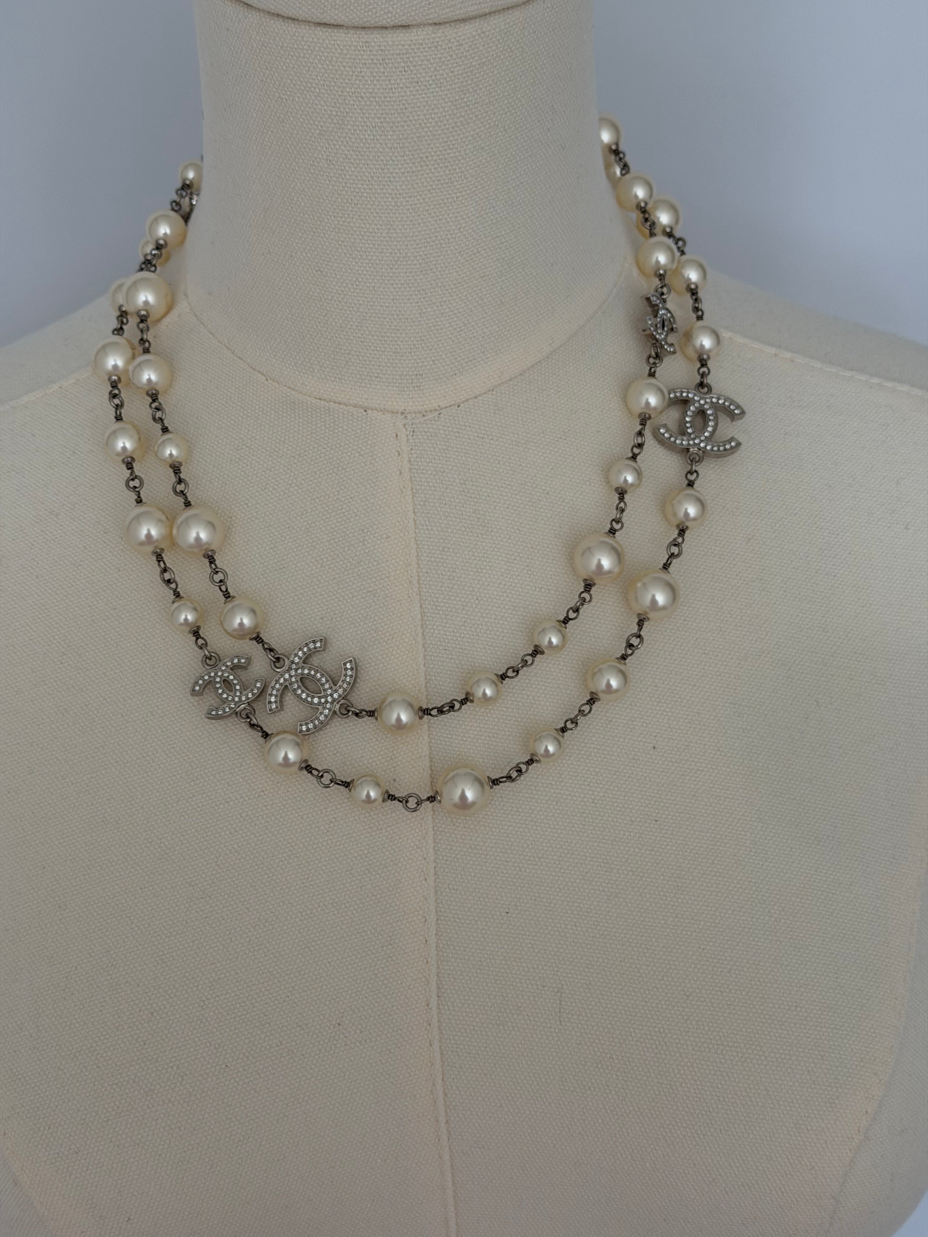 Chanel CC Faux Pearl Long Necklace Silver Crystal Logo Station Chain Classic