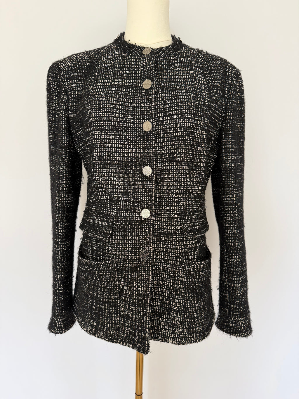 Chanel Black & White Tweed Jacket with CC Logo Buttons | Classic Structured Blazer Size 40