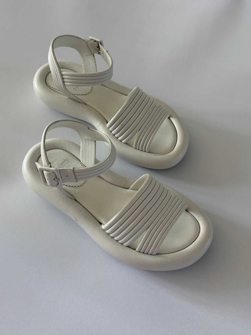 Christian Louboutin White Leather Flat Sandals Ankle Strap Red Sole Size 38