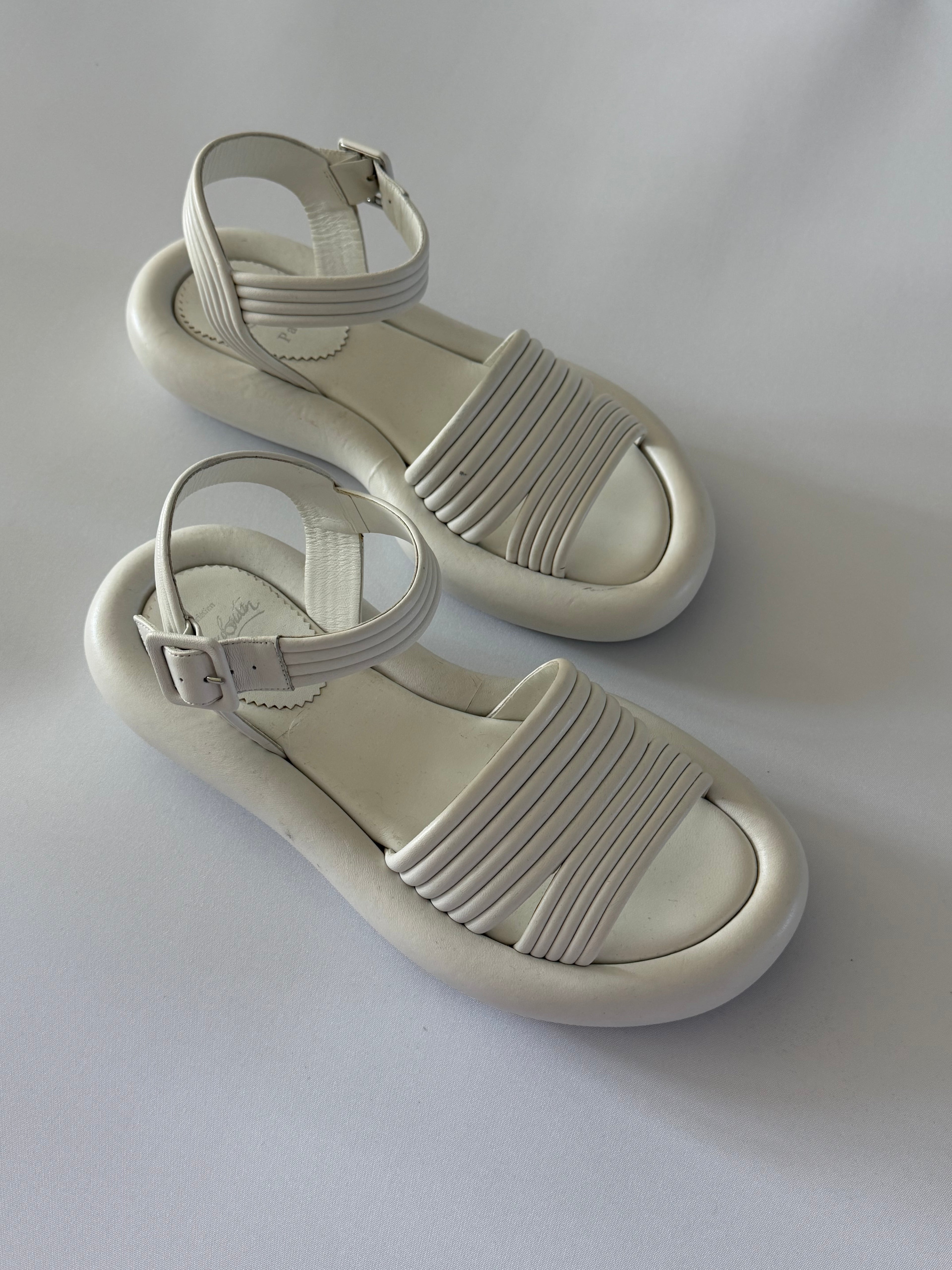 Christian Louboutin White Leather Flat Sandals Ankle Strap Red Sole Size 38