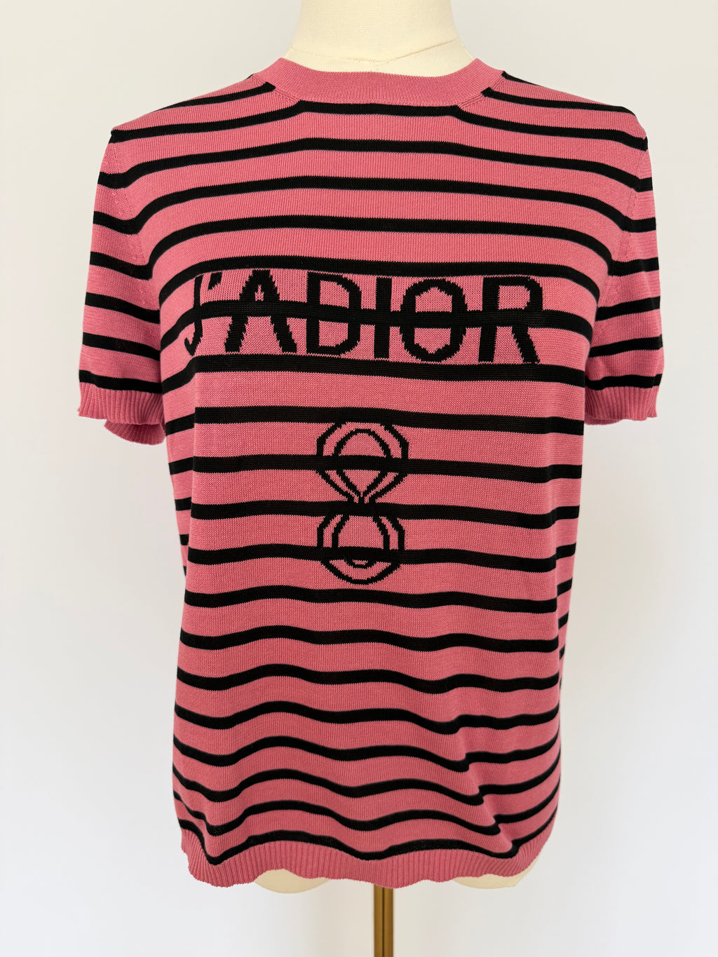Christian Dior J’Adior Pink Striped Knit Top | Dior Logo Short Sleeve Sweater Made in Italy | Luxury Designer Tee