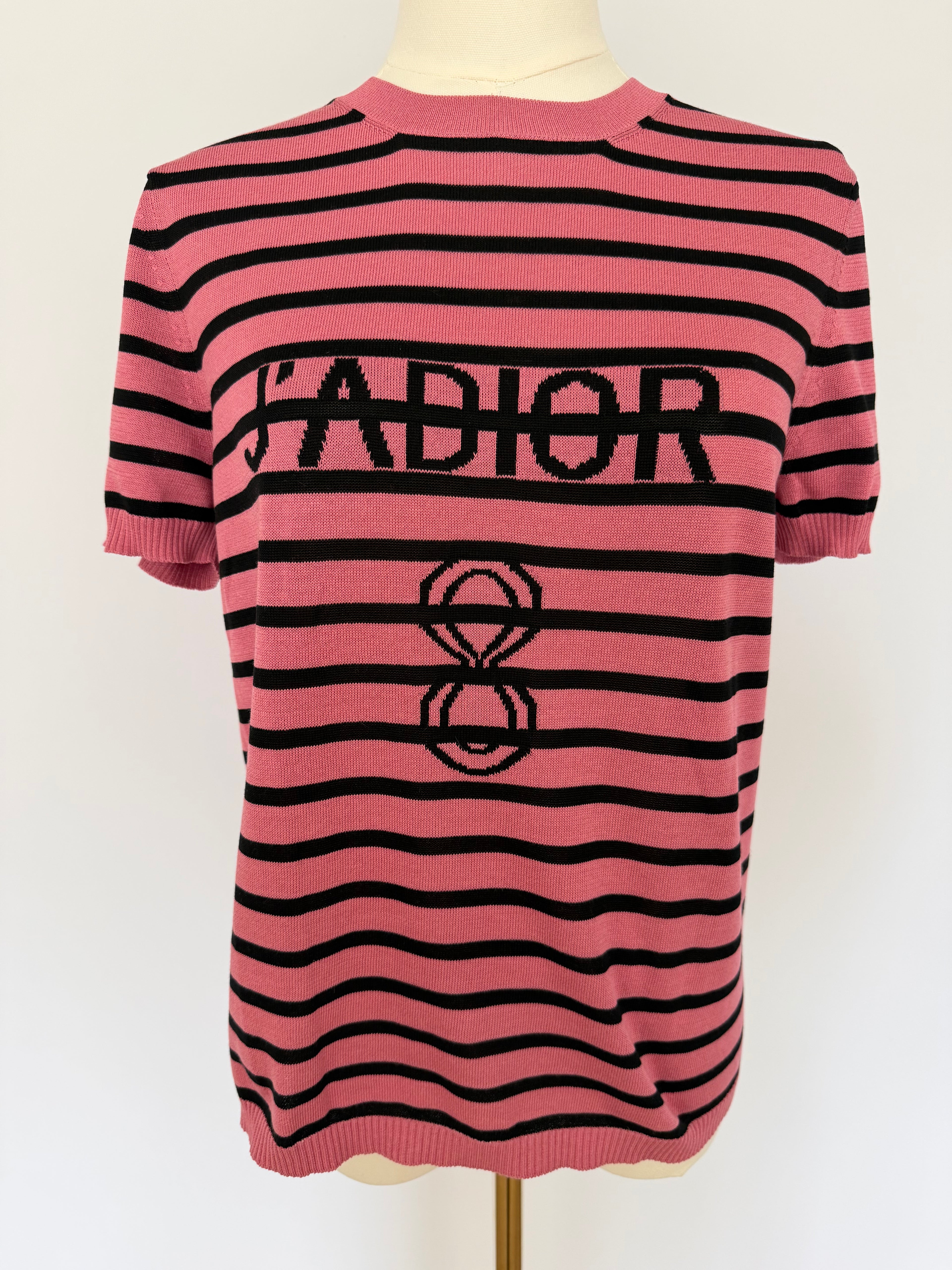 Christian Dior J’Adior Pink Striped Knit Top | Dior Logo Short Sleeve Sweater Made in Italy | Luxury Designer Tee