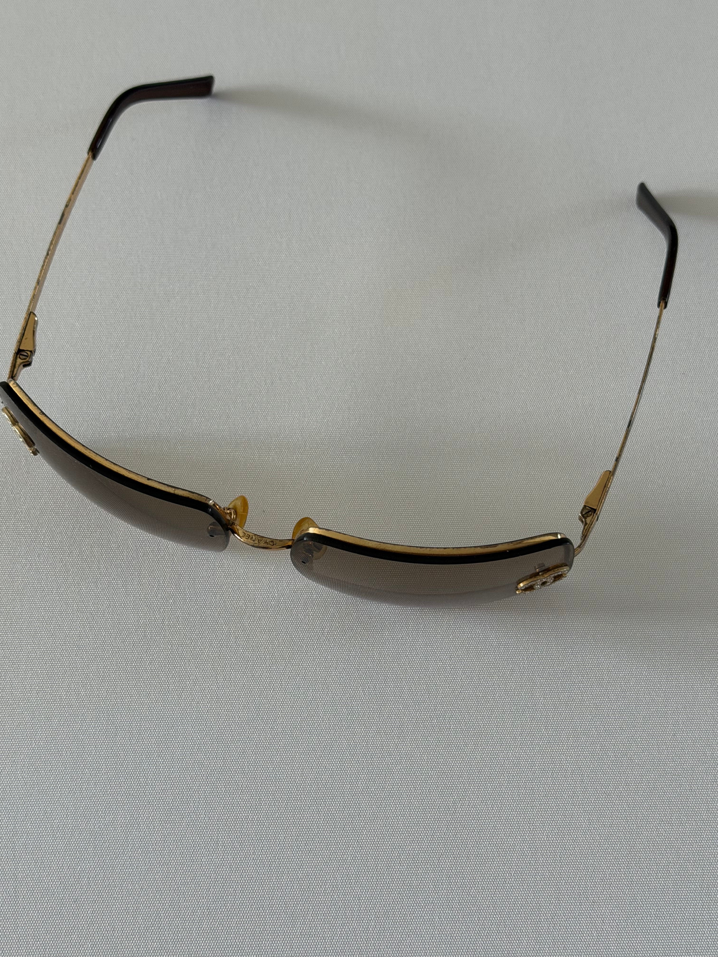 Chanel Rimless CC Logo Sunglasses – Vintage Brown Gradient Square Lens Gold Frame with Crystal Double CC