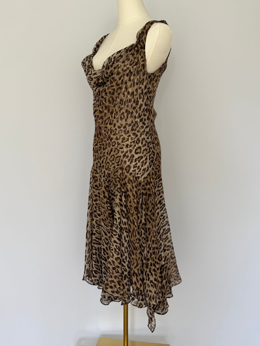 Dolce & Gabbana Leopard Print Silk Chiffon Slip Dress | Vintage Y2K Bias Cut Cowl Neck Midi