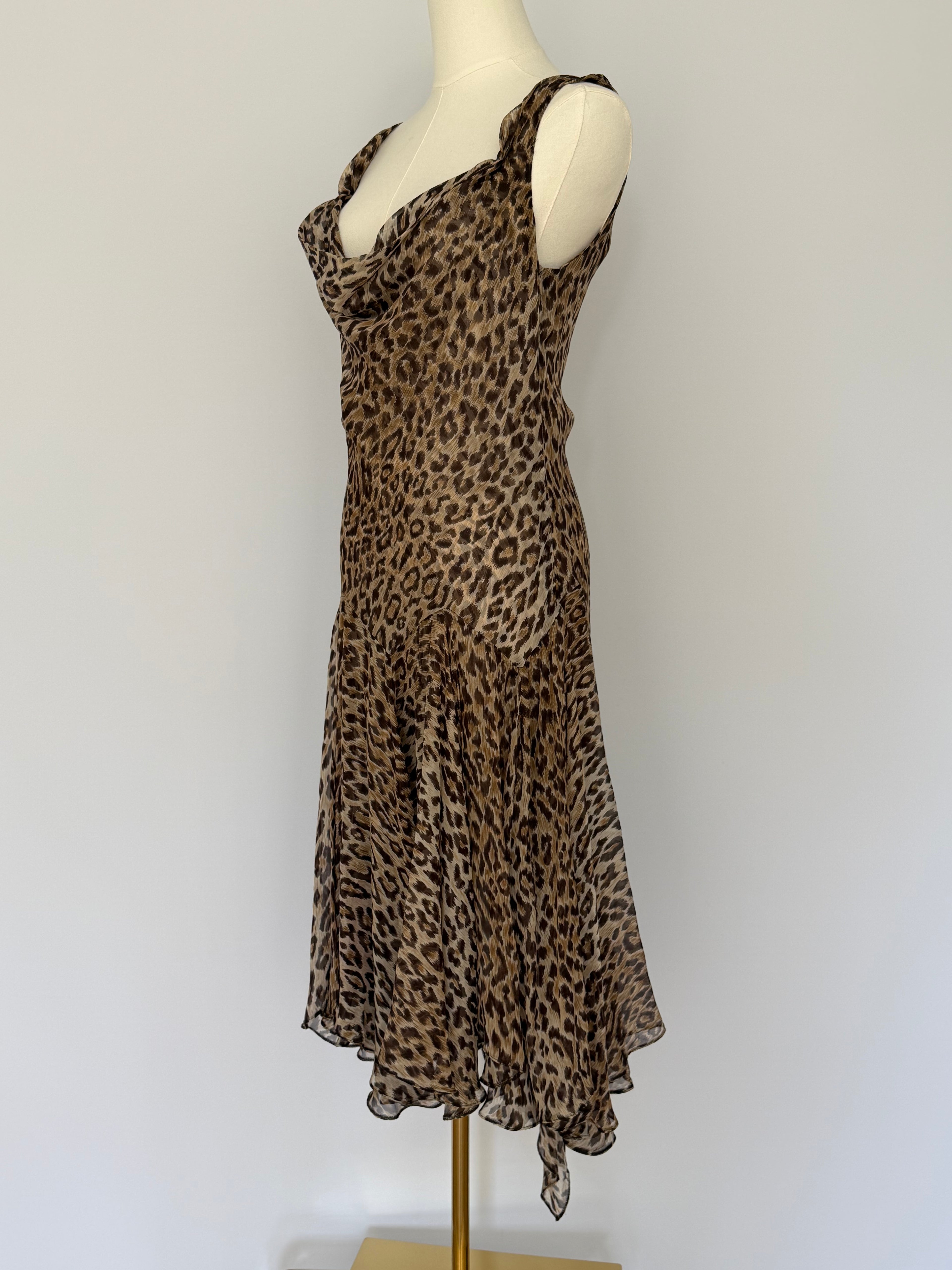 Dolce & Gabbana Leopard Print Silk Chiffon Slip Dress | Vintage Y2K Bias Cut Cowl Neck Midi