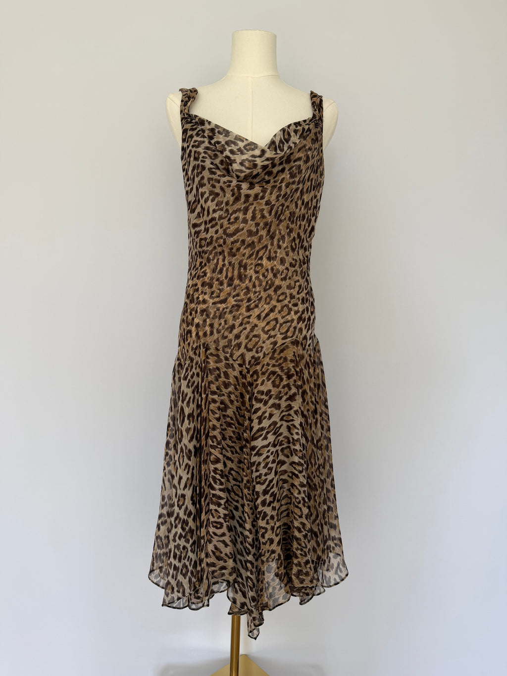 Dolce & Gabbana Leopard Print Silk Chiffon Slip Dress | Vintage Y2K Bias Cut Cowl Neck Midi
