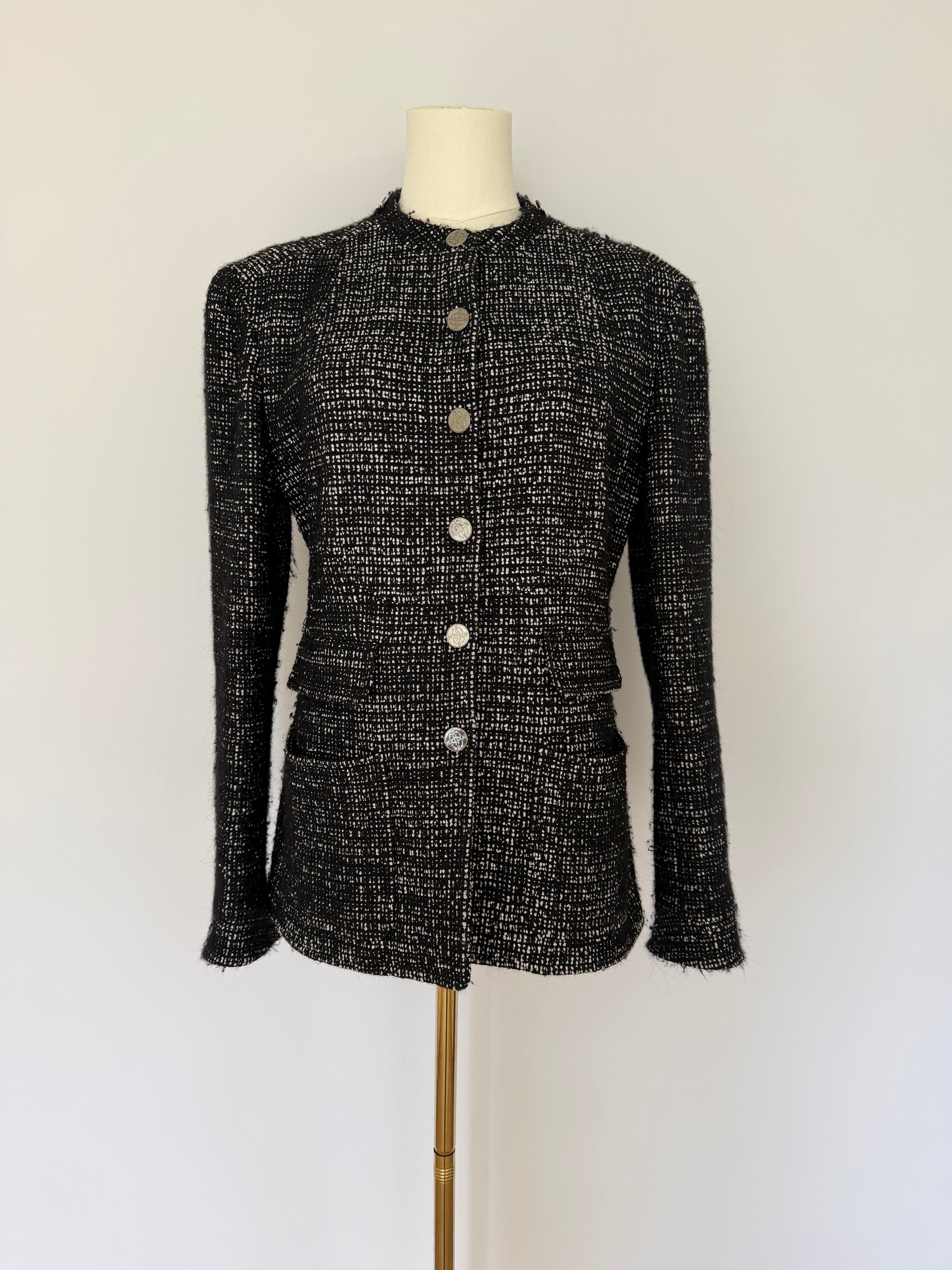 Chanel Black & White Tweed Jacket with CC Logo Buttons | Classic Structured Blazer Size 40