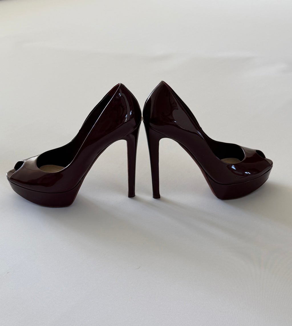 Christian Dior Burgundy Patent Leather Peep Toe Platform Pumps CD Heel Size 39