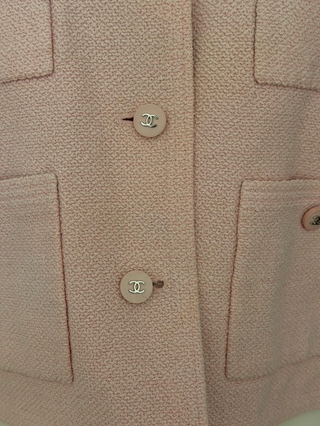 Chanel Pink Tweed Cropped Jacket CC Button Cardigan Blazer | Vintage Chanel Boutique Jacket