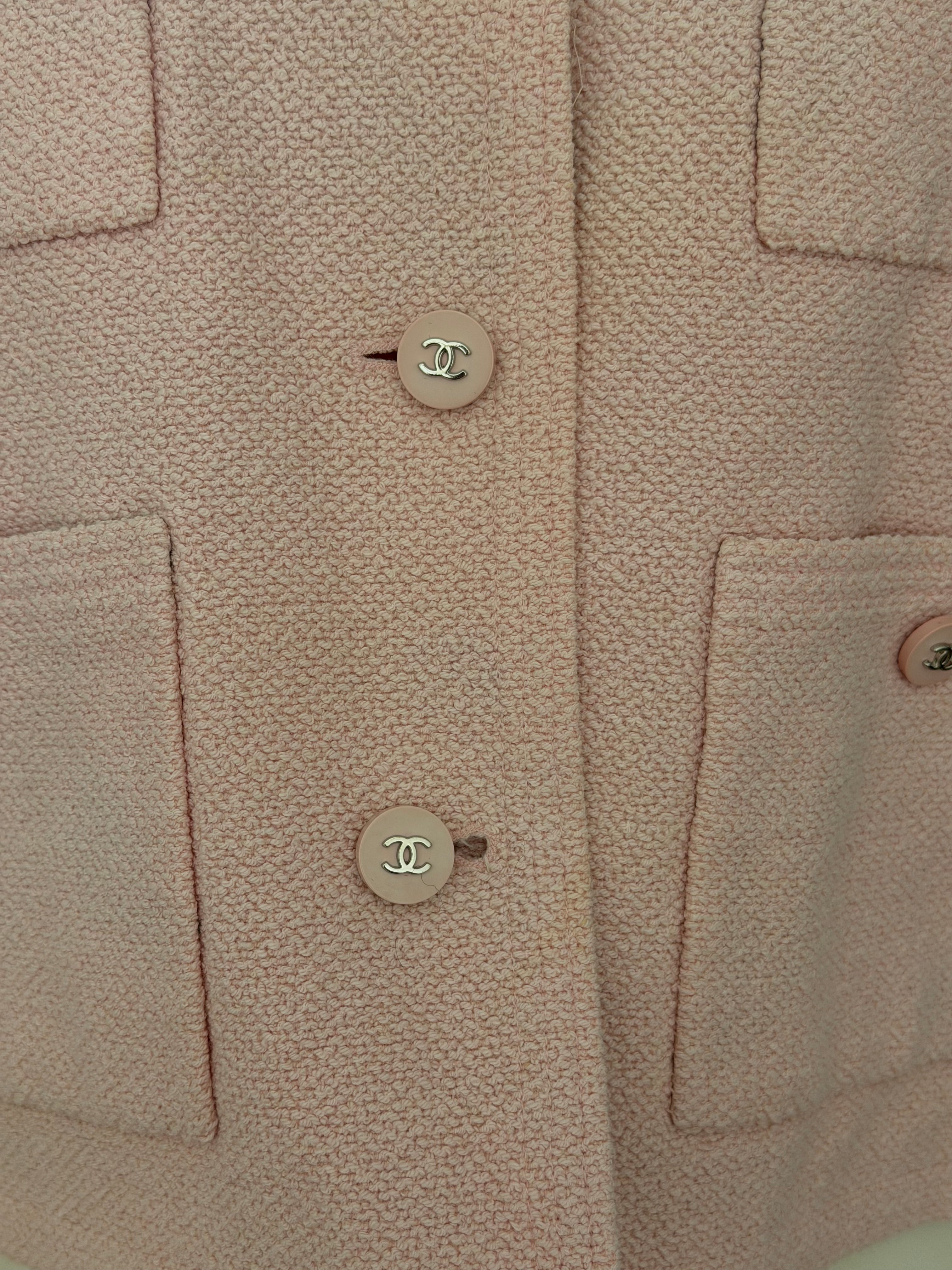 Chanel Pink Tweed Cropped Jacket CC Button Cardigan Blazer | Vintage Chanel Boutique Jacket