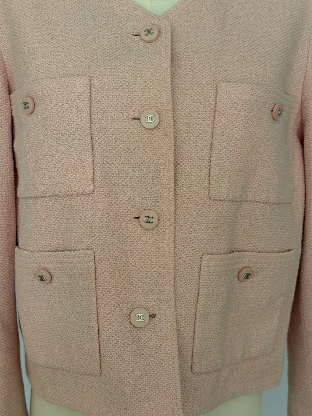 Chanel Pink Tweed Cropped Jacket CC Button Cardigan Blazer | Vintage Chanel Boutique Jacket