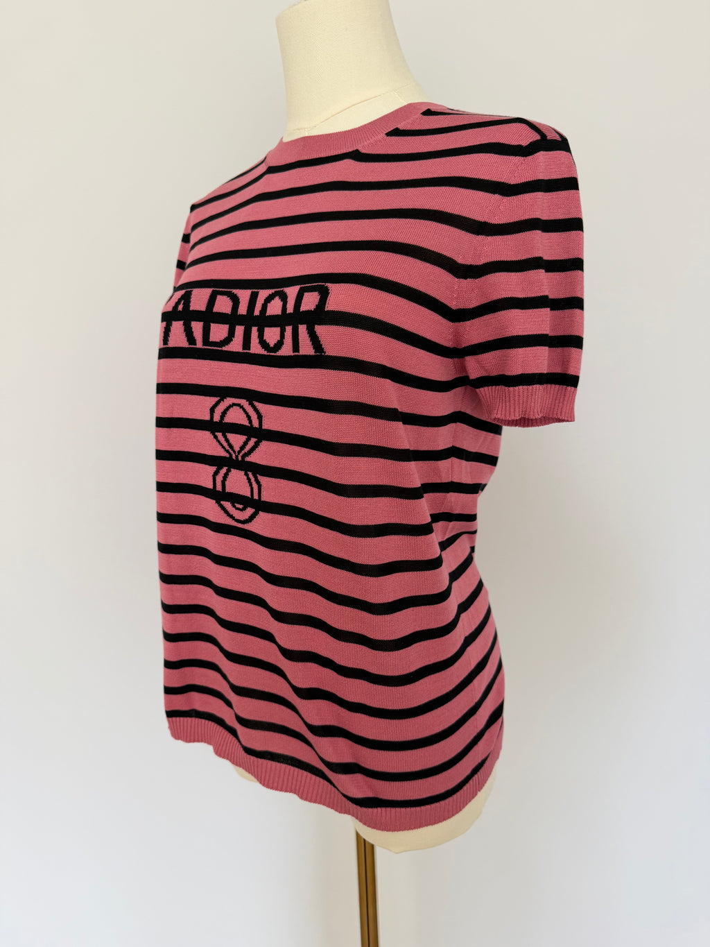 Christian Dior J’Adior Pink Striped Knit Top | Dior Logo Short Sleeve Sweater Made in Italy | Luxury Designer Tee