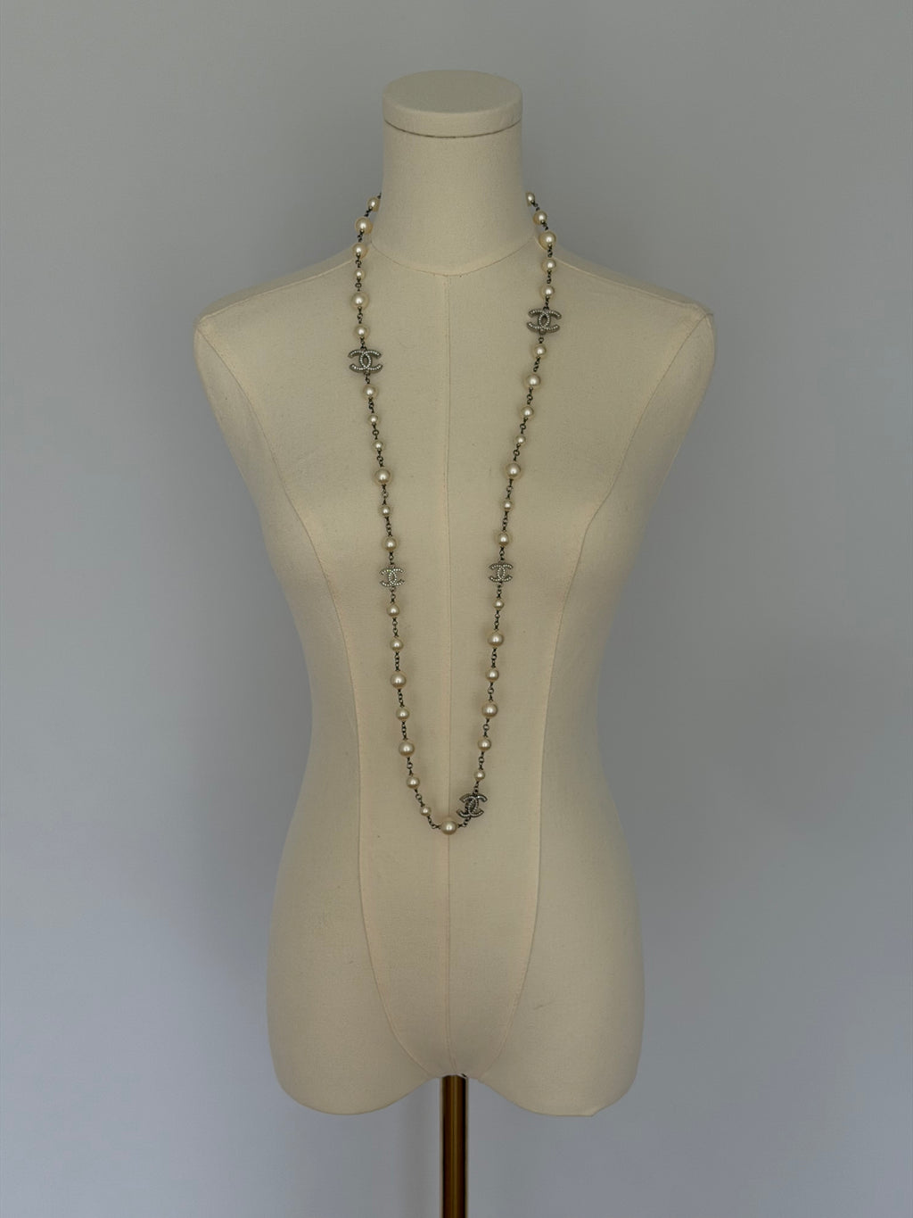 Chanel CC Faux Pearl Long Necklace Silver Crystal Logo Station Chain Classic