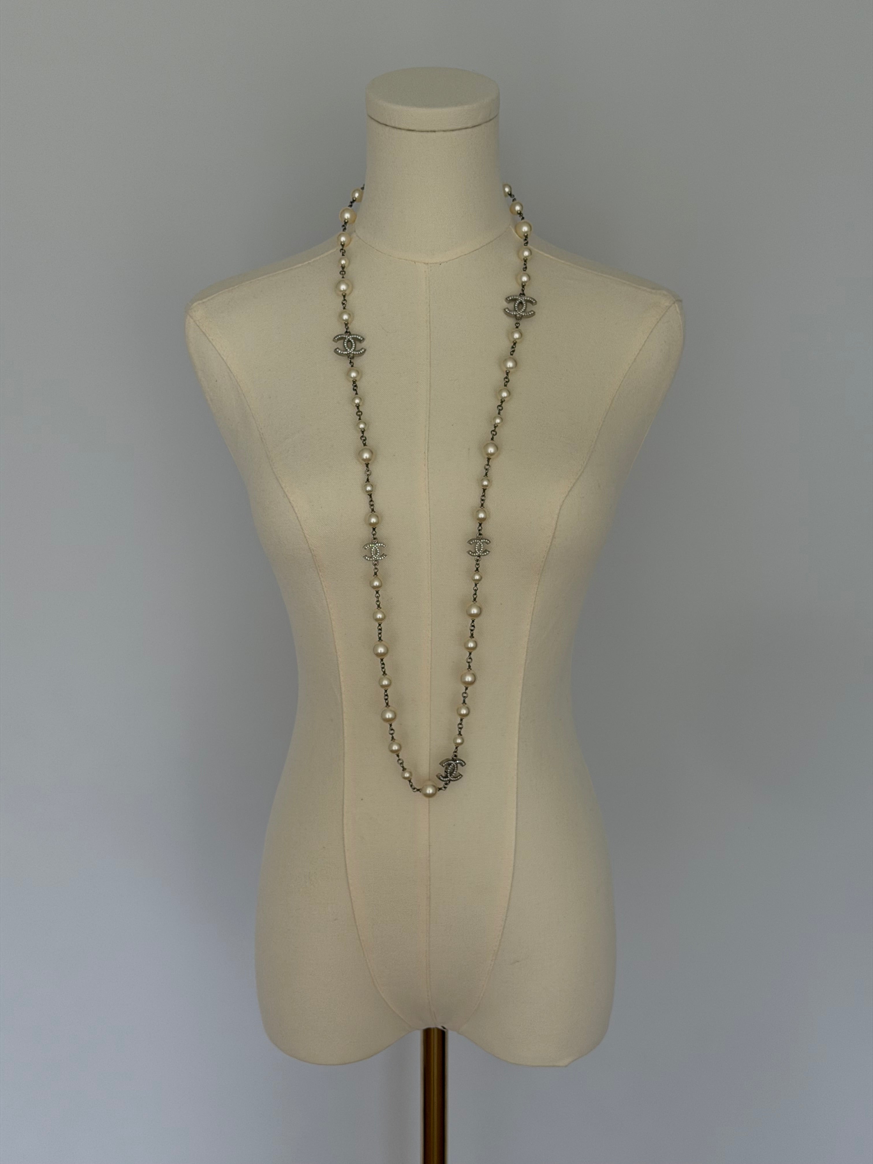 Chanel CC Faux Pearl Long Necklace Silver Crystal Logo Station Chain Classic