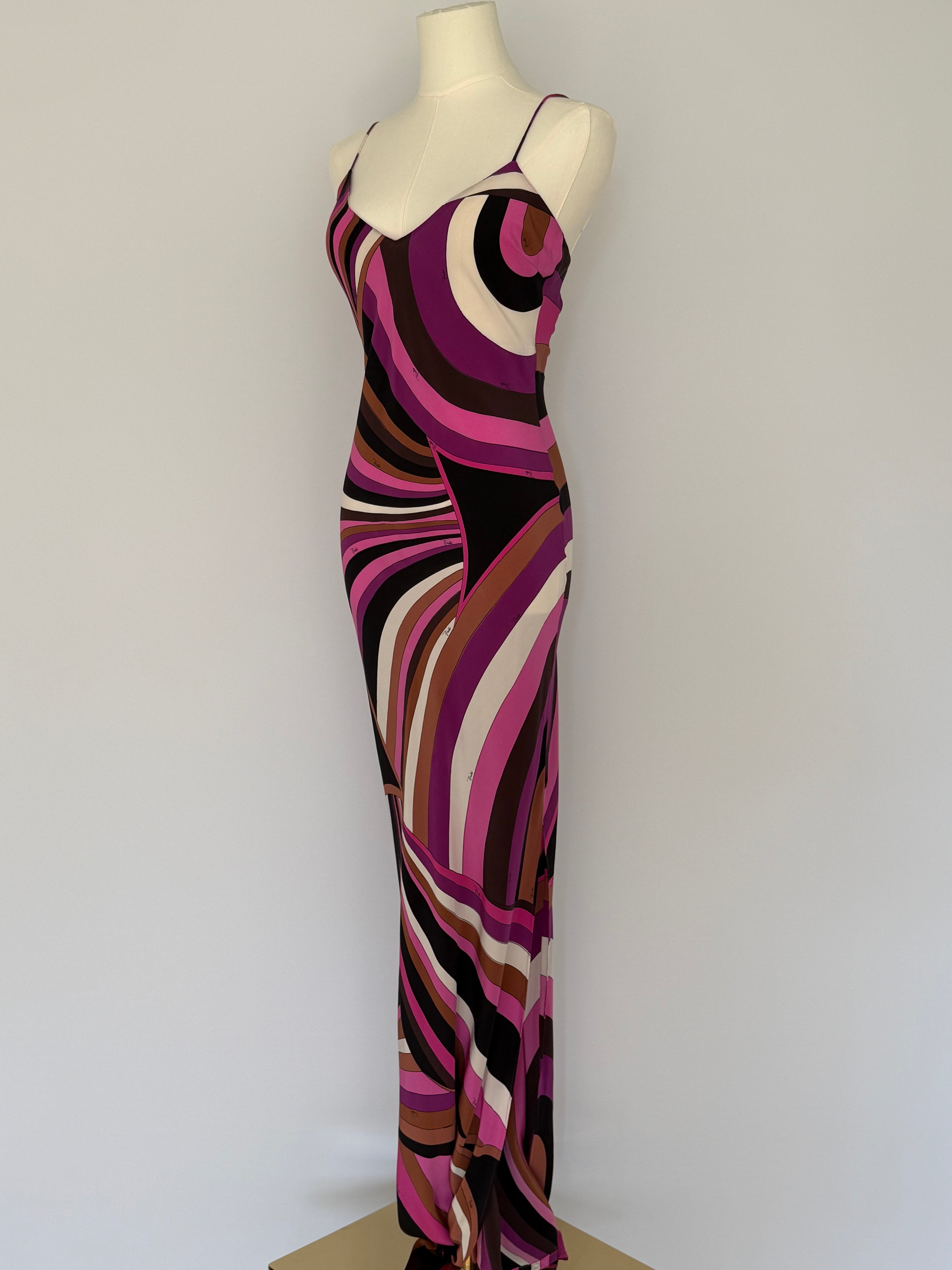 Emilio Pucci Silk Jersey Maxi Dress Pink Swirl Print | Vintage Y2K Bodycon Slip Gown
