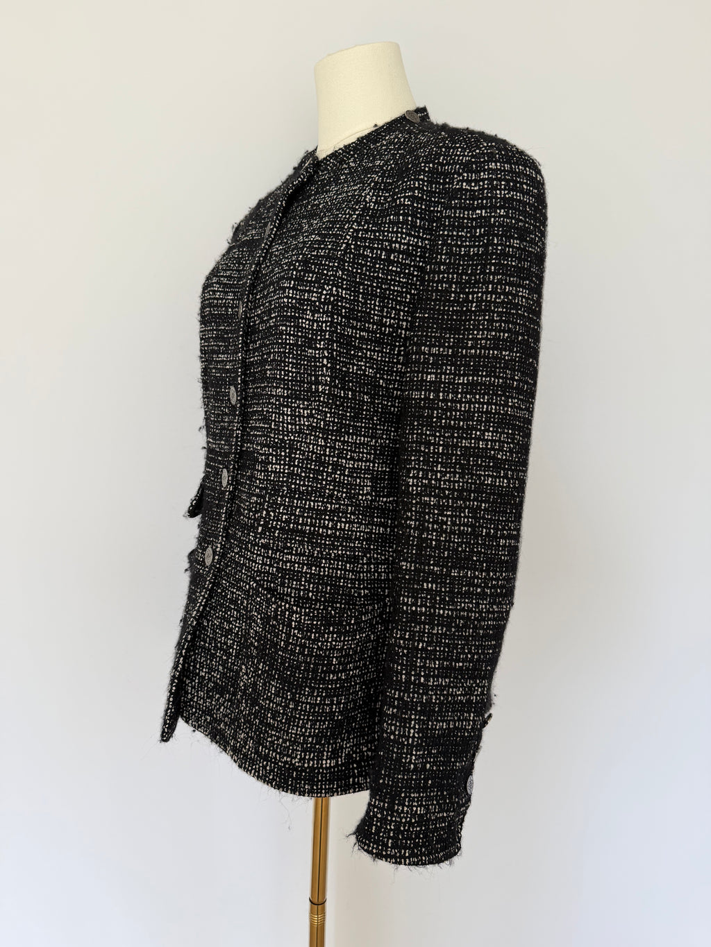 Chanel Black & White Tweed Jacket with CC Logo Buttons | Classic Structured Blazer Size 40