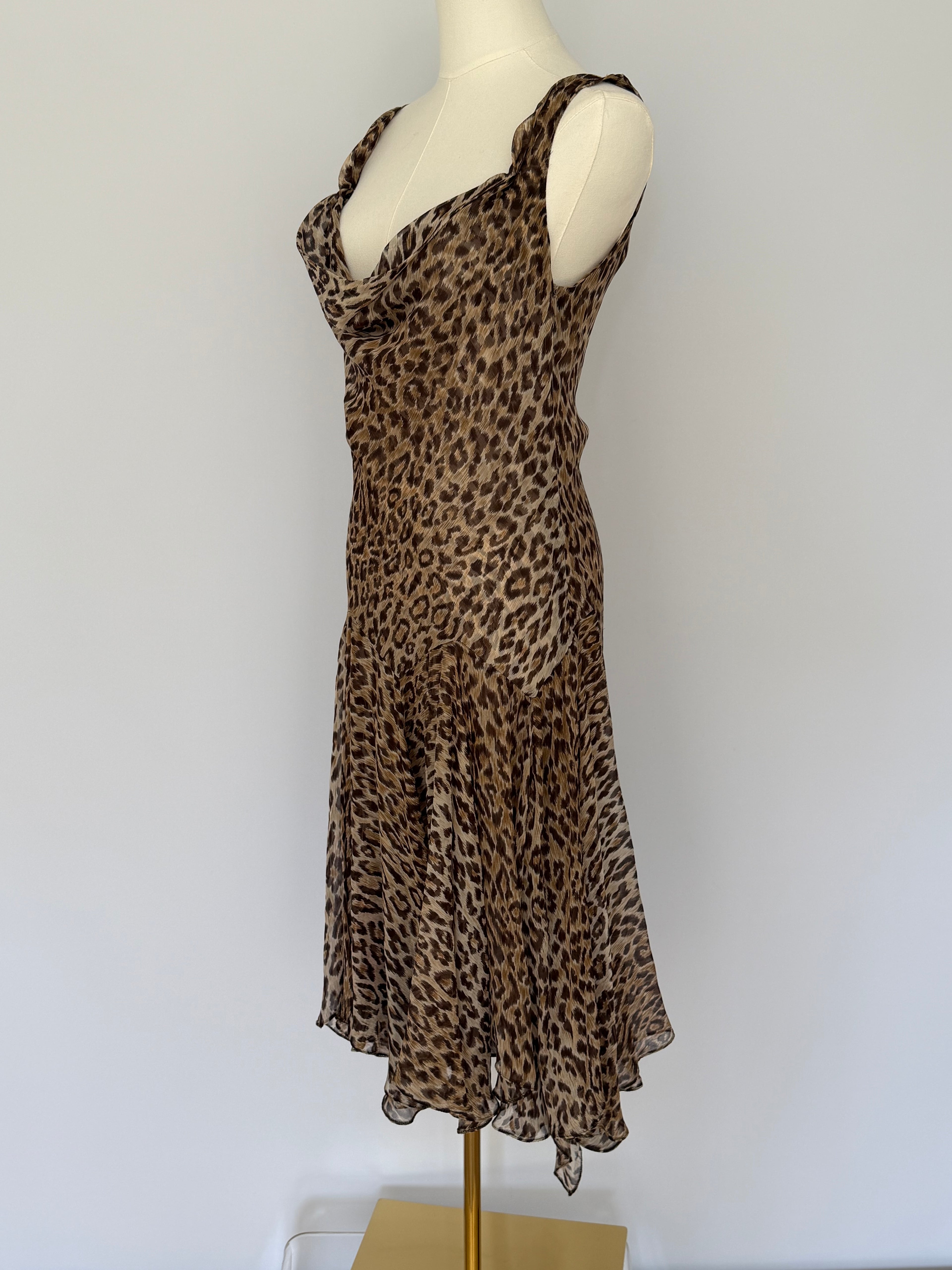 Dolce & Gabbana Leopard Print Silk Chiffon Slip Dress | Vintage Y2K Bias Cut Cowl Neck Midi