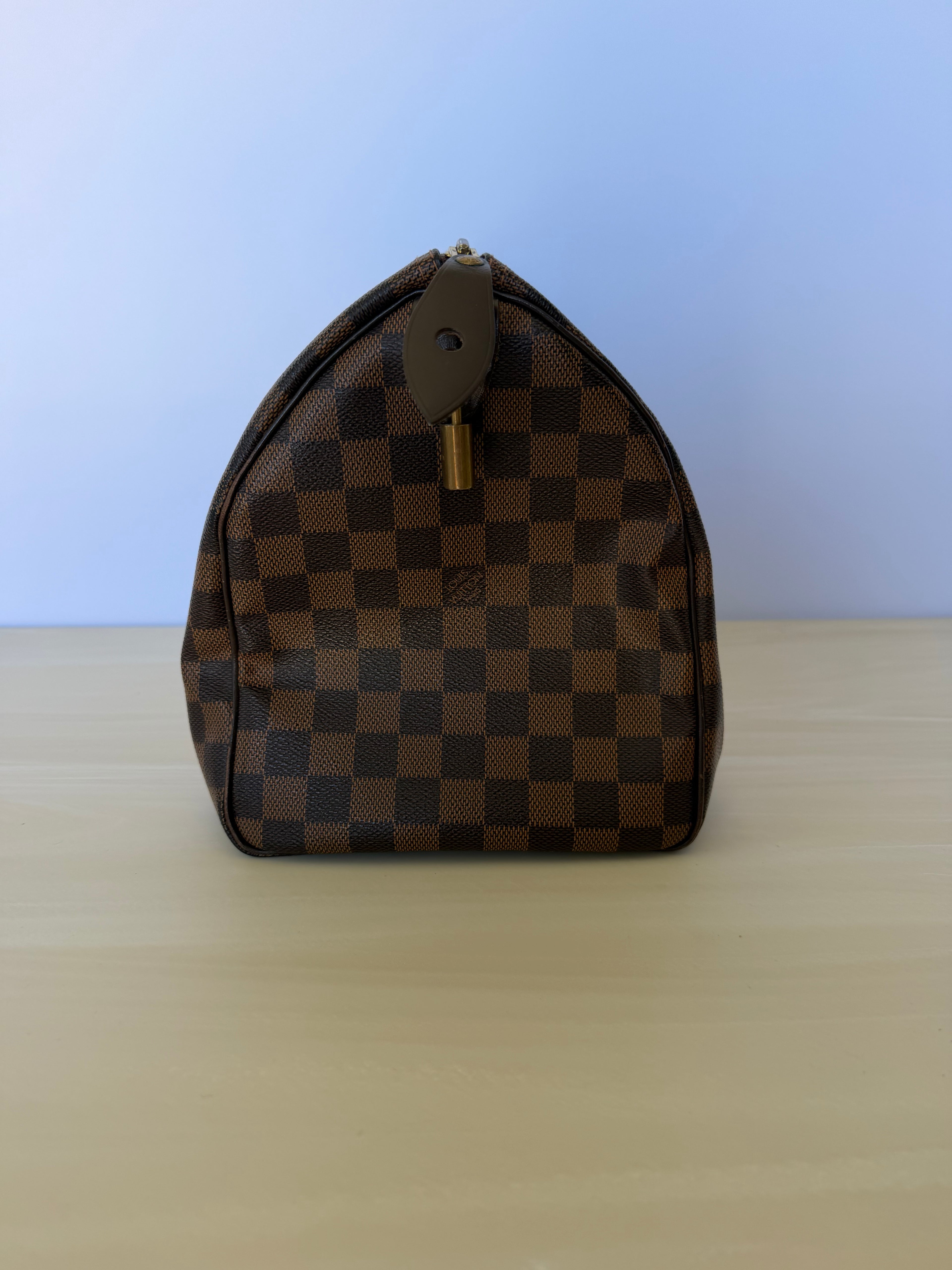 Louis Vuitton Damier Ebene Speedy 30 Handbag – Brown Checkered Canvas Satchel with Red Interior