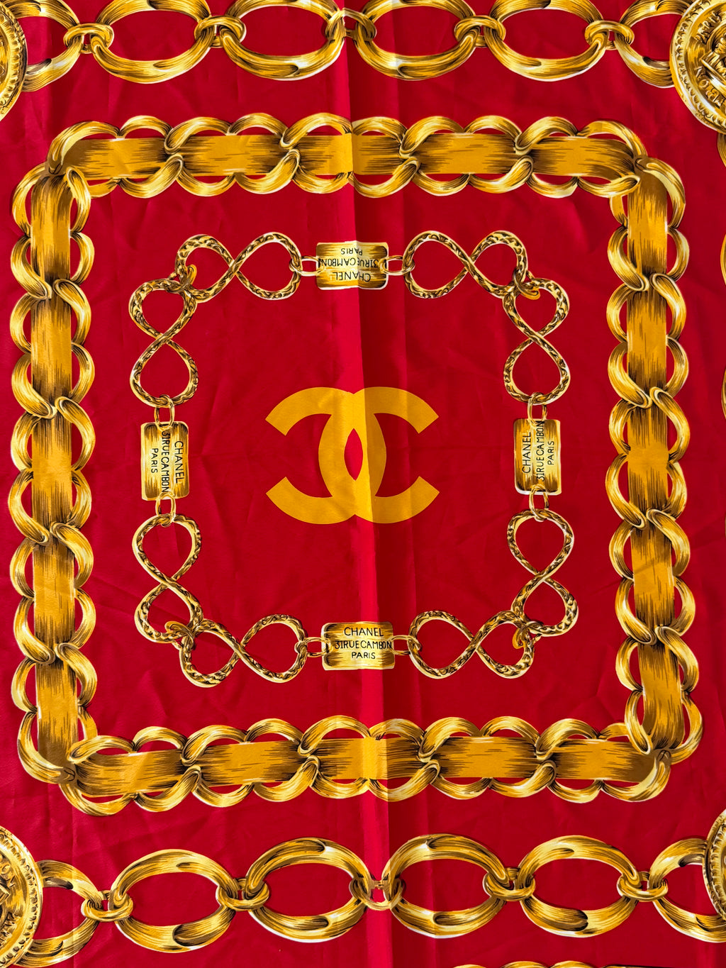 Chanel Red Silk Chain Print Scarf CC Logo Gold Chain Rue Cambon Paris 100% Silk Made in France