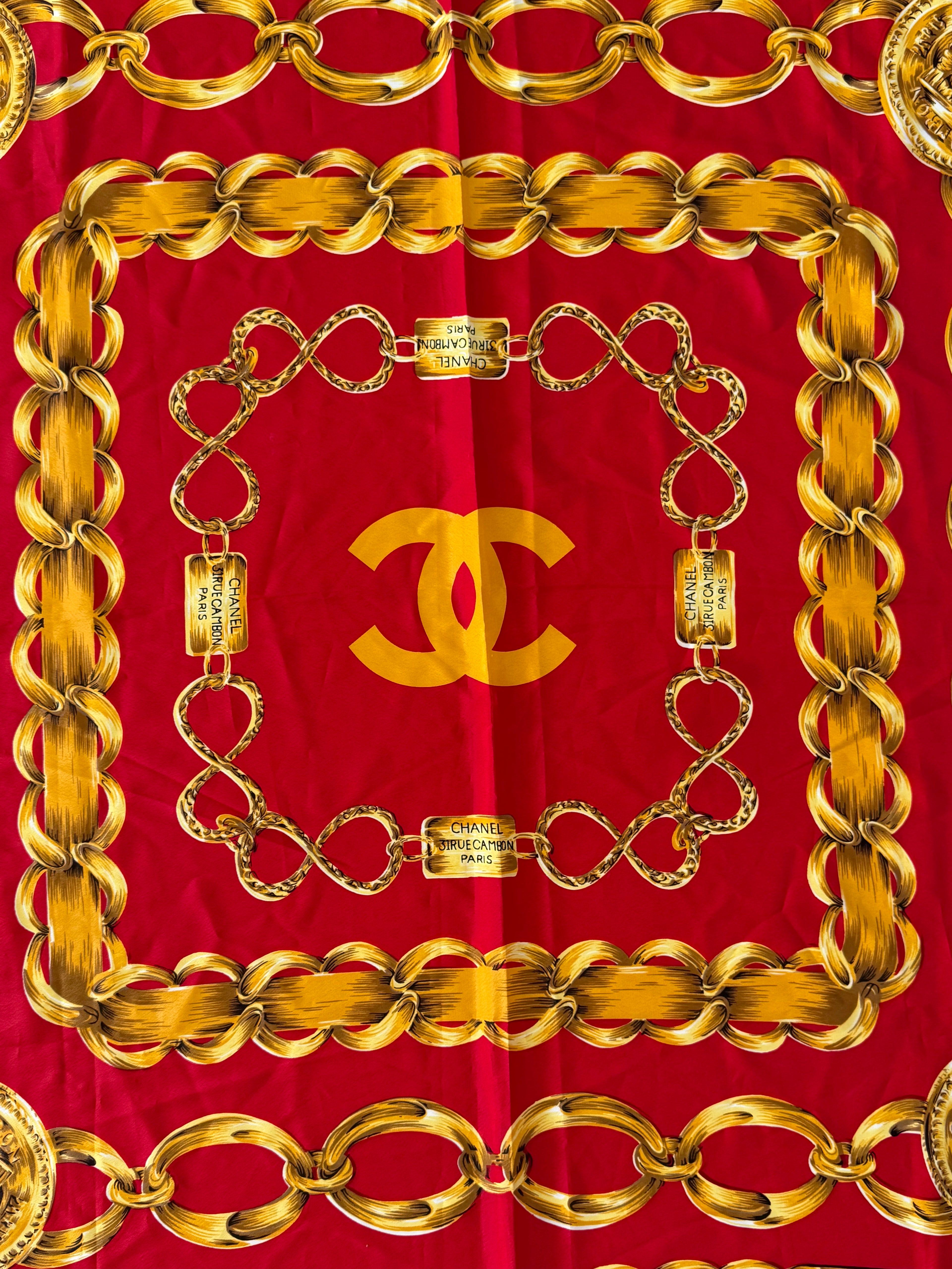 Chanel Red Silk Chain Print Scarf CC Logo Gold Chain Rue Cambon Paris 100% Silk Made in France