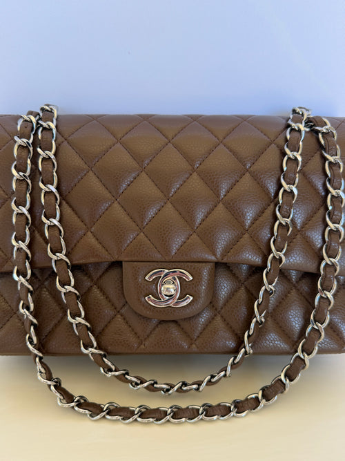 Chanel Classic Medium Double Flap Bag in Brown Caviar Leather with Silver Hardware