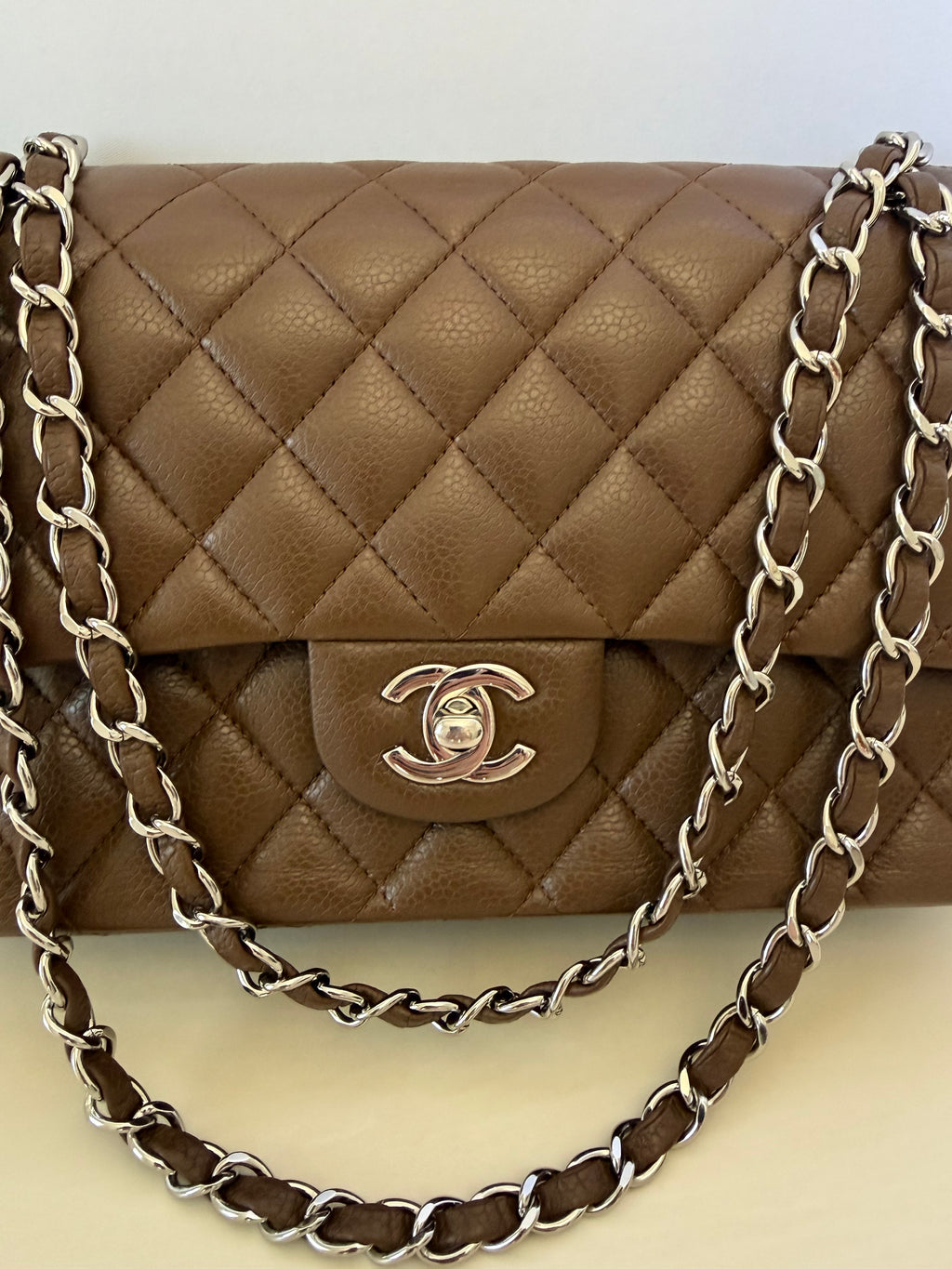 Chanel Classic Medium Double Flap Bag in Brown Caviar Leather with Silver Hardware