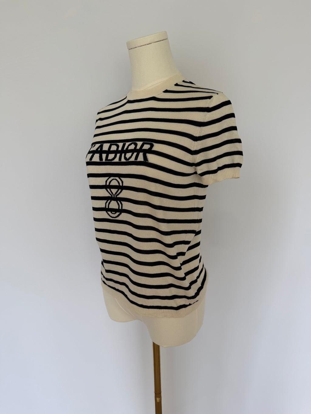 Christian Dior J’Adior White Striped Knit Top | Dior Logo Short Sleeve Sweater Made in Italy | Luxury Designer Tee