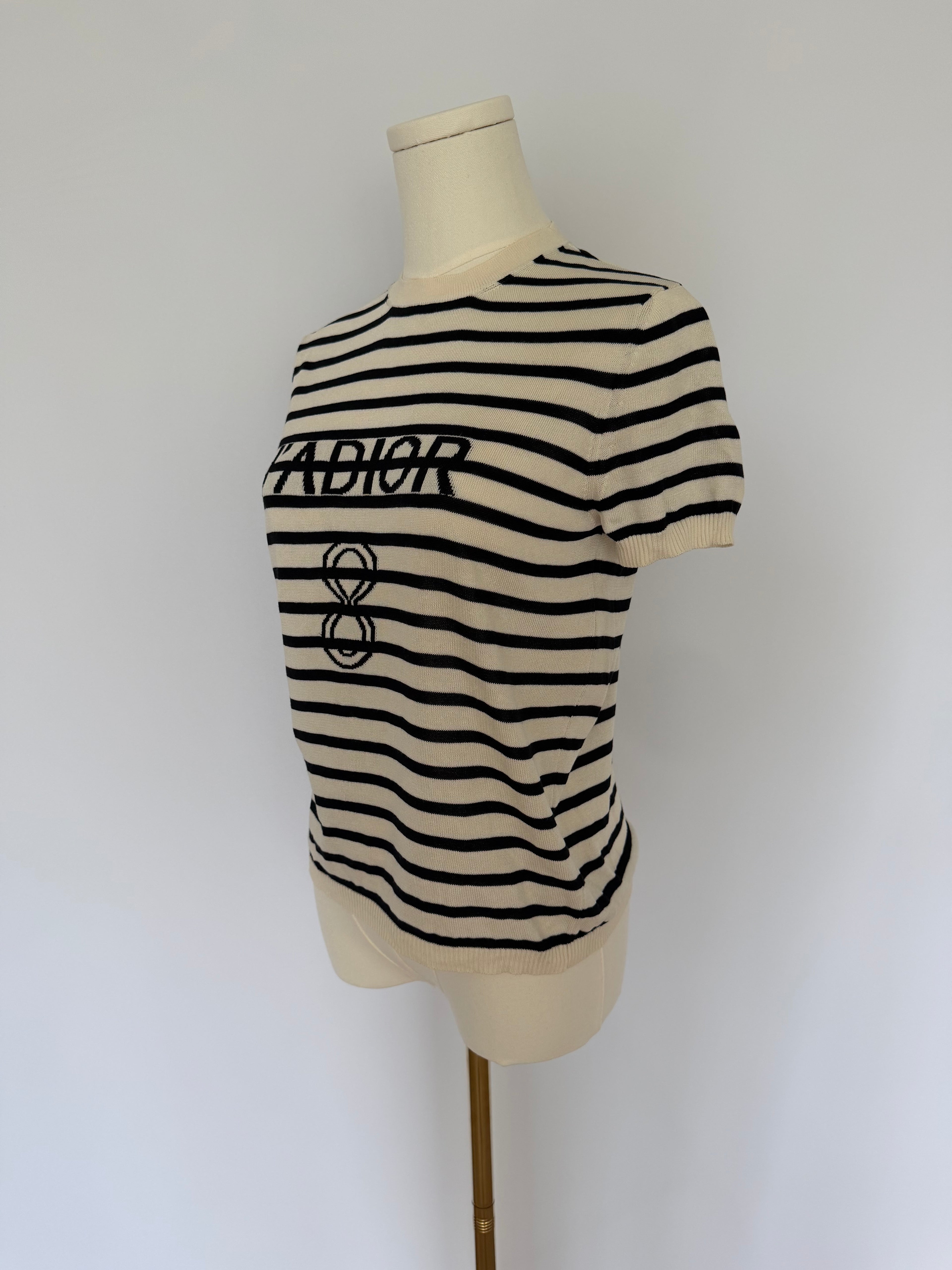 Christian Dior J’Adior White Striped Knit Top | Dior Logo Short Sleeve Sweater Made in Italy | Luxury Designer Tee