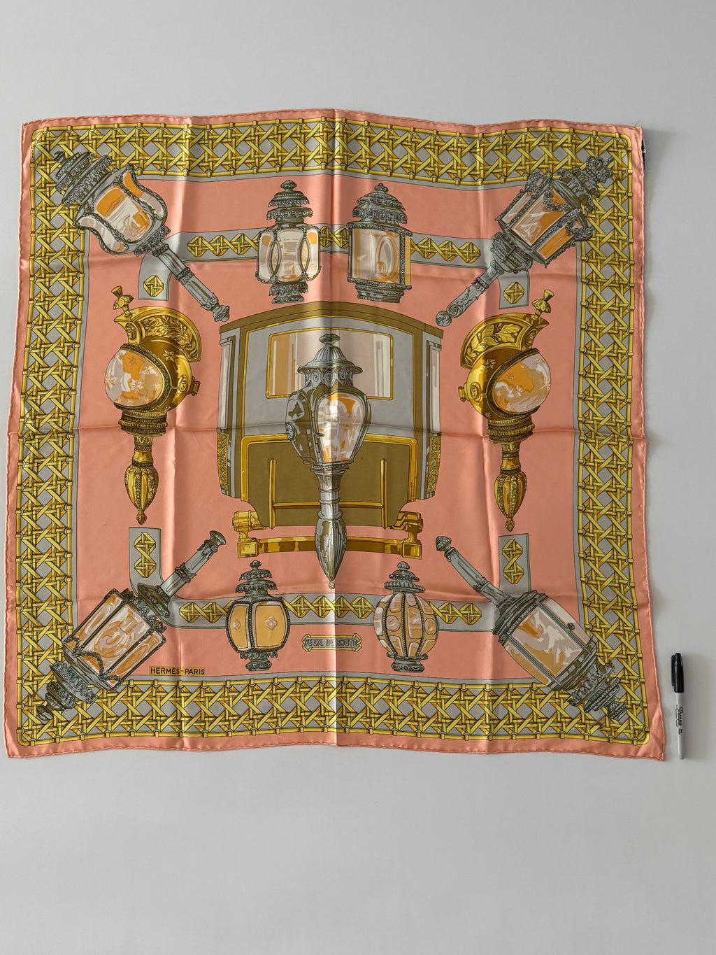 Hermès “Feux de Route” Silk Scarf 90cm Peach Gold Lantern Print Vintage Hermes Paris 100% Silk Made in France