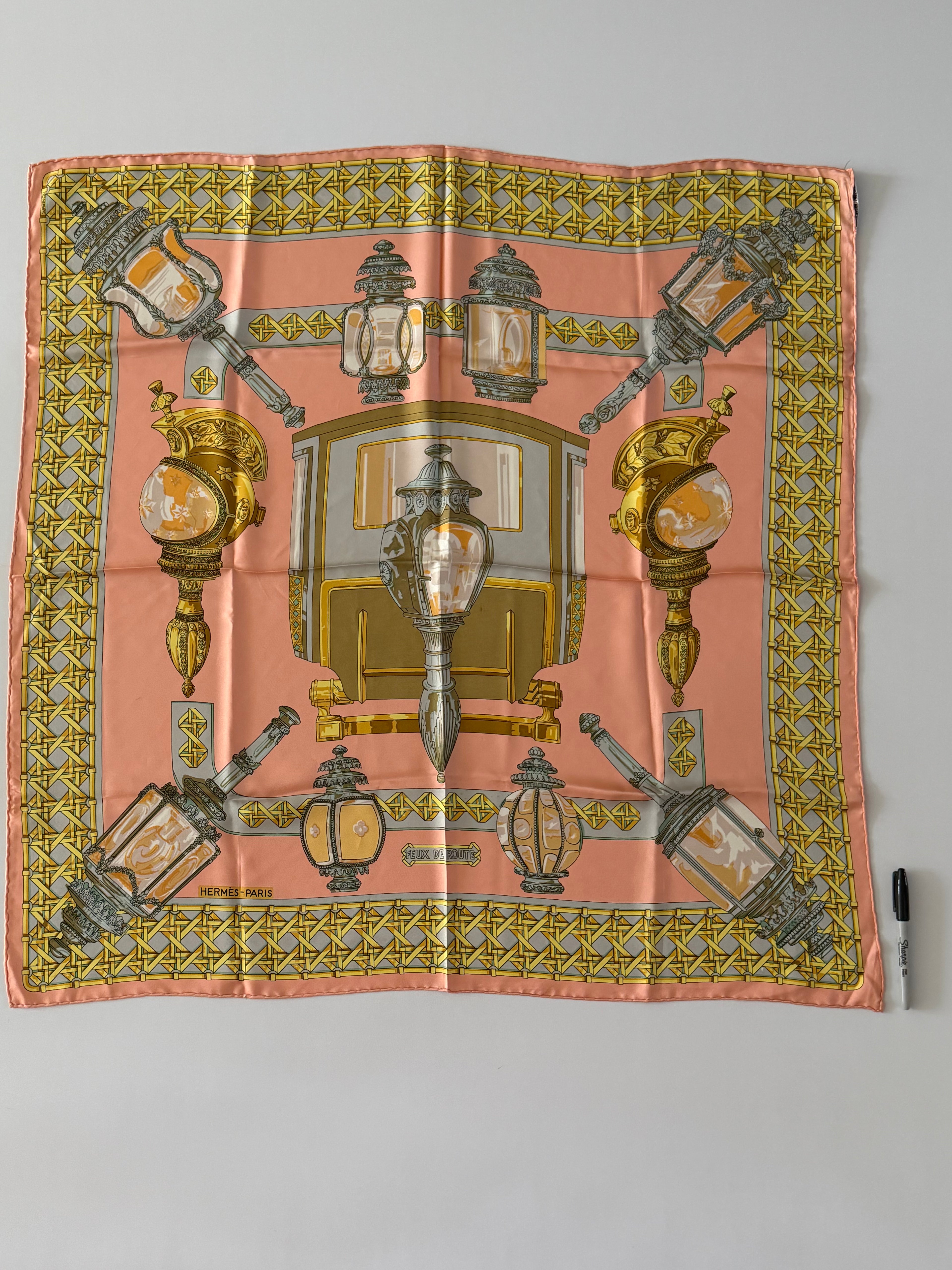 Hermès “Feux de Route” Silk Scarf 90cm Peach Gold Lantern Print Vintage Hermes Paris 100% Silk Made in France