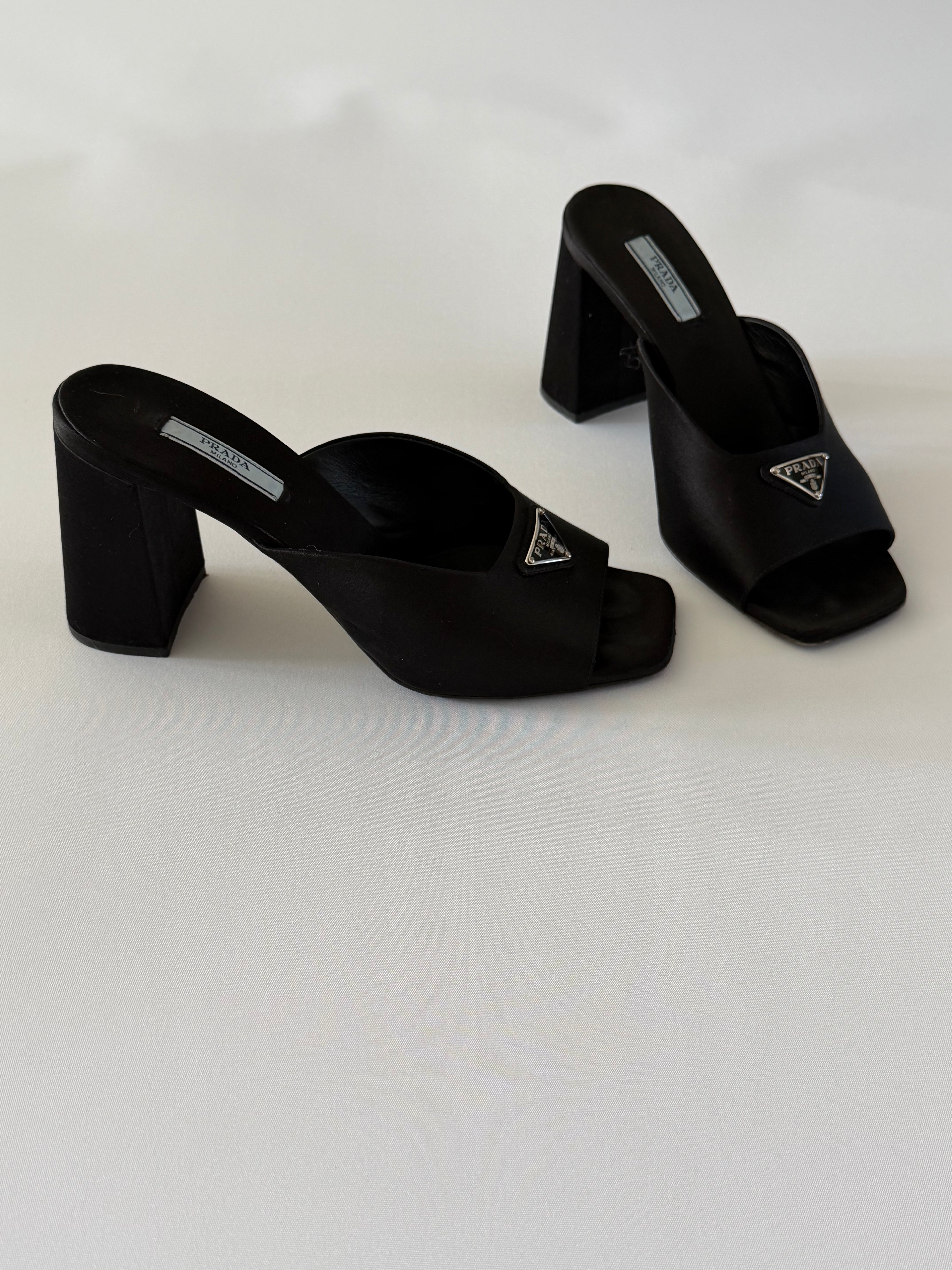 Prada Black Leather Logo Mule Heels – Vintage Prada Milano Triangle Plaque Slides, Square Toe Block Heel Sandals Sz 39