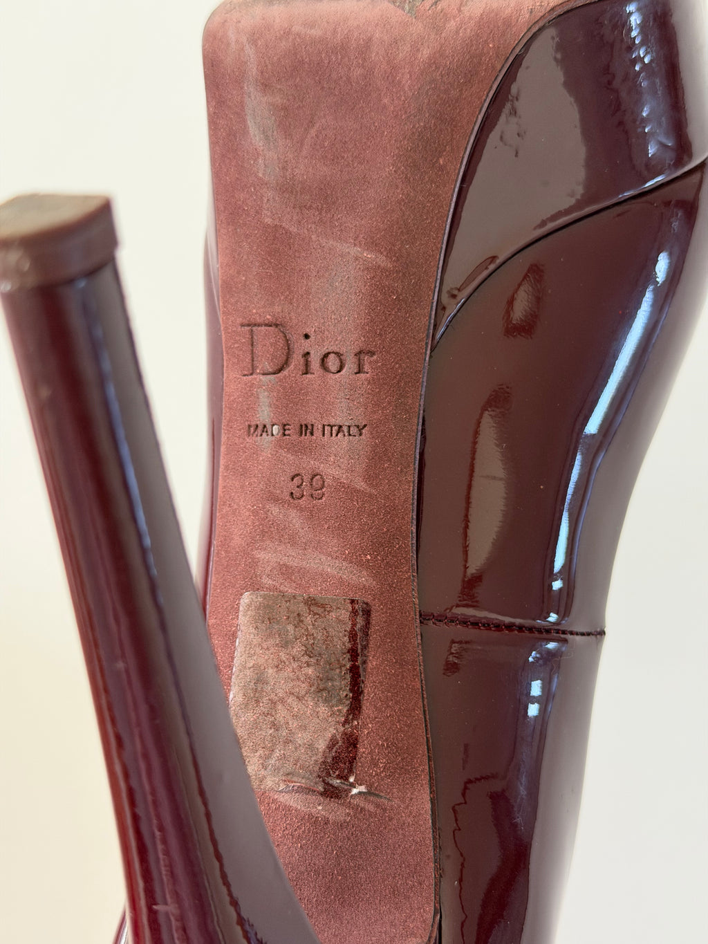 Christian Dior Burgundy Patent Leather Peep Toe Platform Pumps CD Heel Size 39