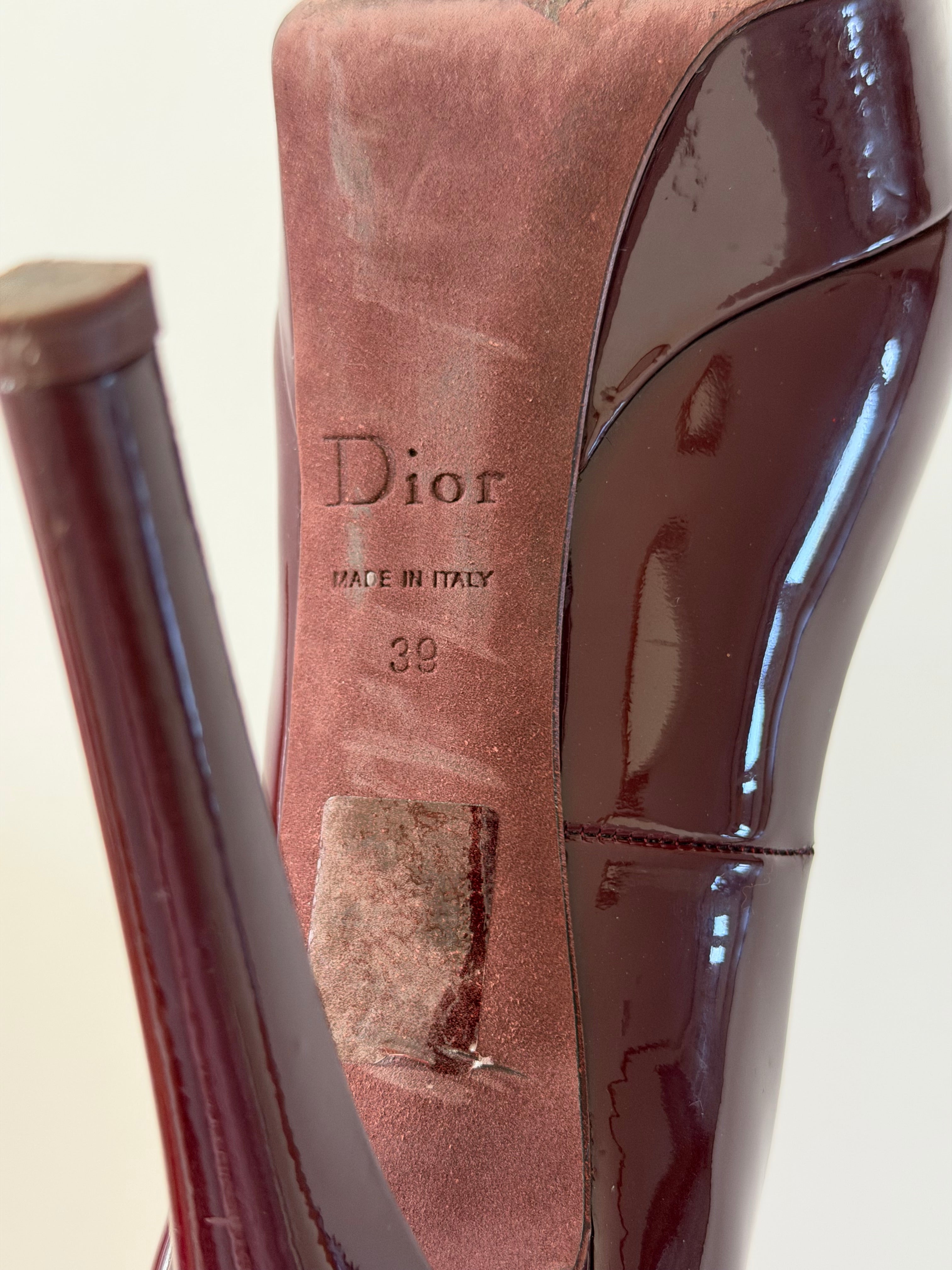 Christian Dior Burgundy Patent Leather Peep Toe Platform Pumps CD Heel Size 39