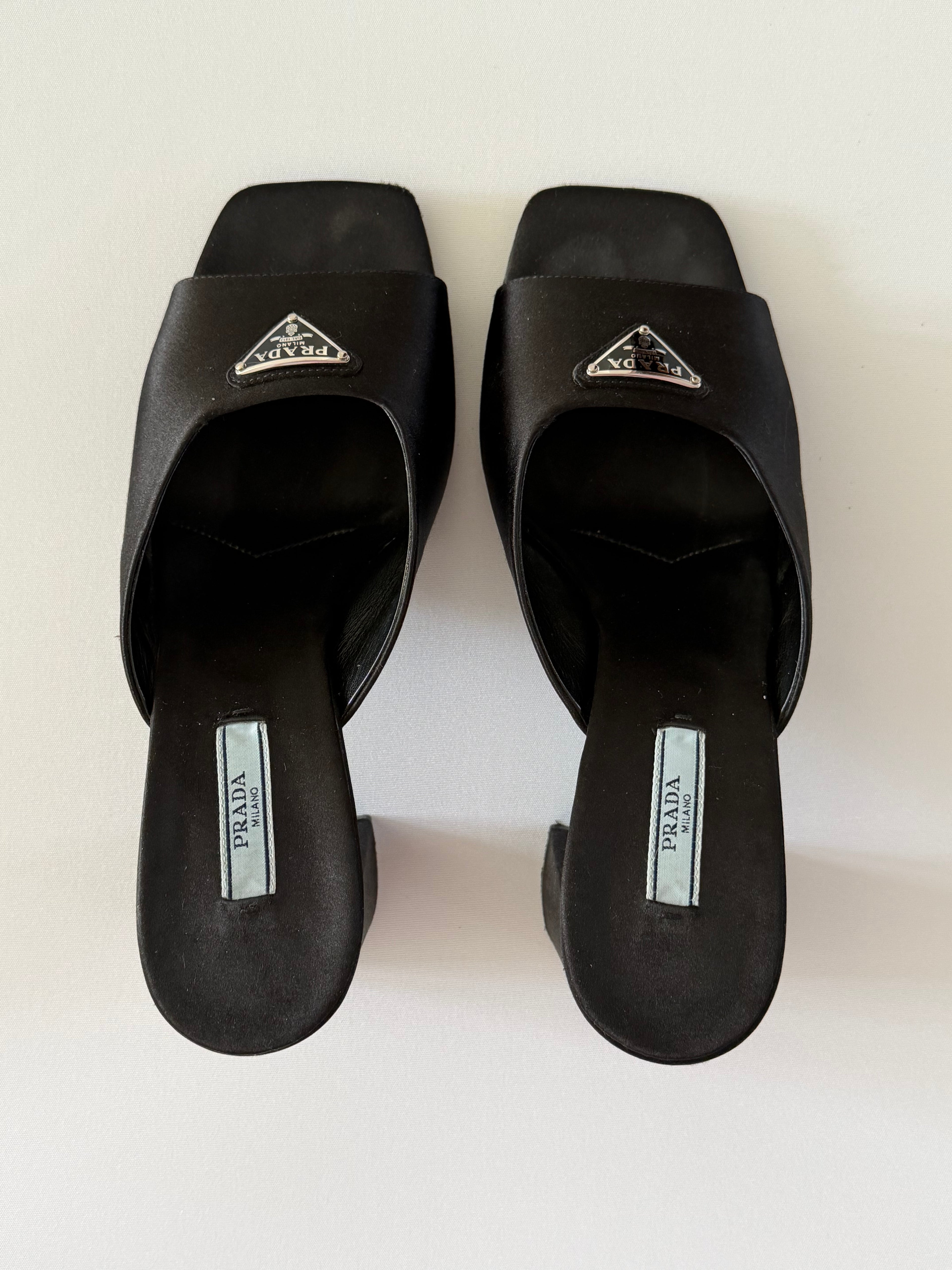 Prada Black Leather Logo Mule Heels – Vintage Prada Milano Triangle Plaque Slides, Square Toe Block Heel Sandals Sz 39