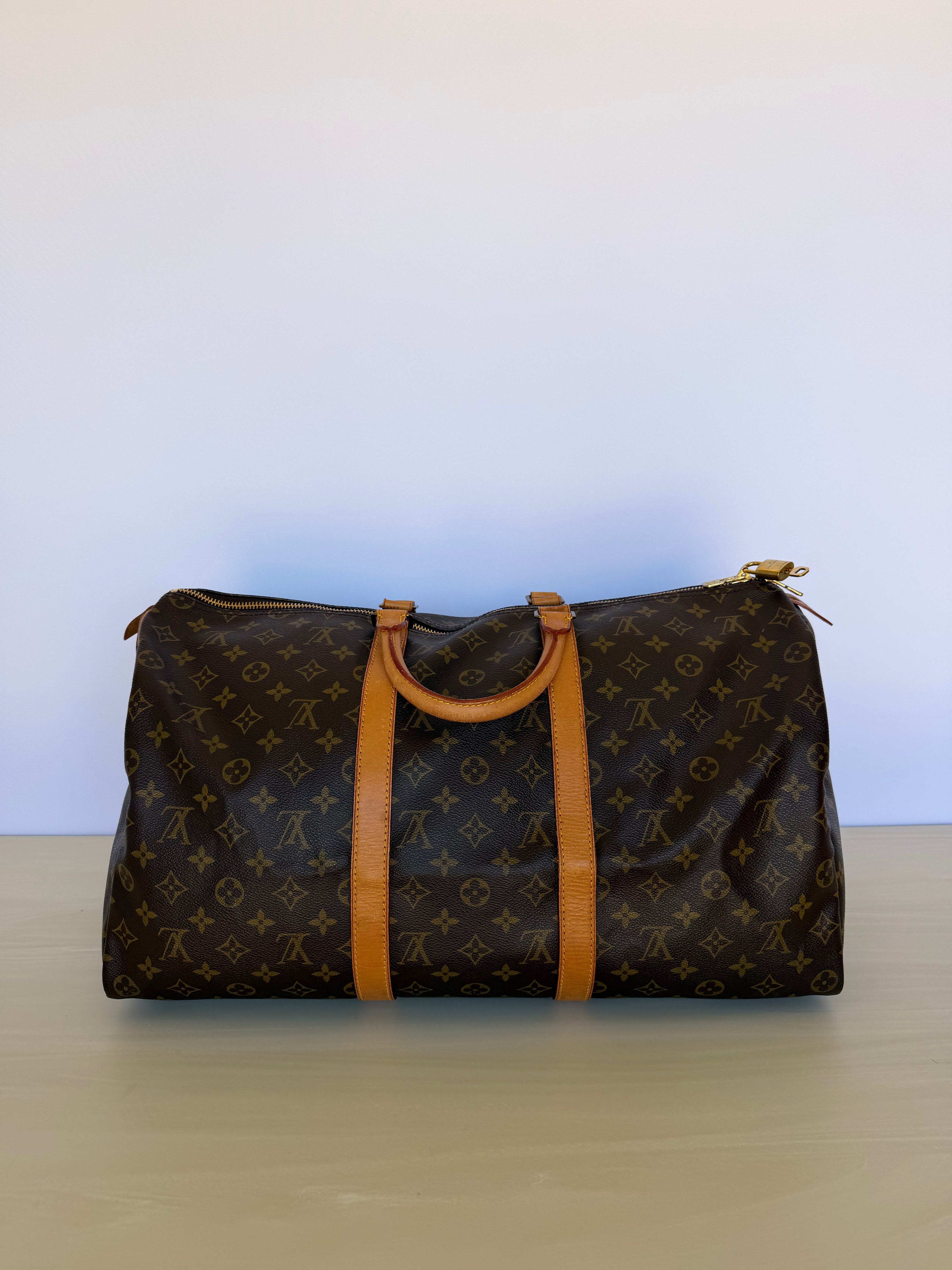 Louis Vuitton Vintage Monogram Keepall 50 Duffel Bag Travel Bag with Vachetta Leather Trim & Lock – Made in France